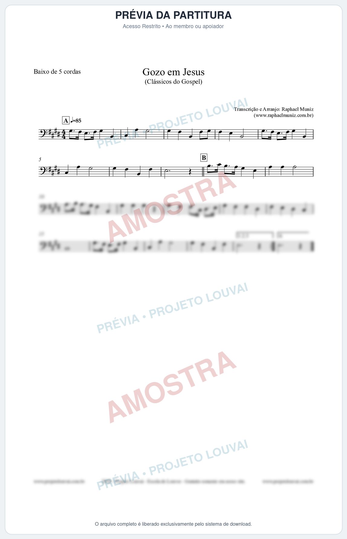 Prévia protegida da primeira página da partitura Partitura para Baixo de 5 cordas - Gozo em Jesus - Harpa Cristã 14 (Tom E) - Clássicos do Gospel