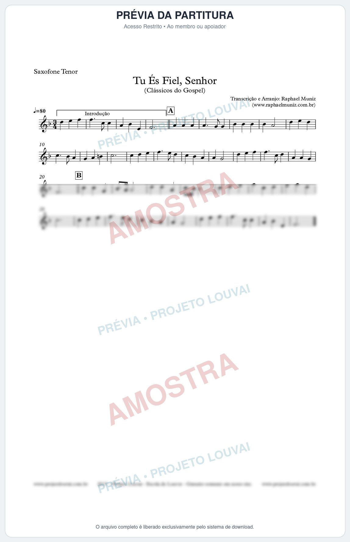 Prévia protegida da primeira página da partitura Partitura para Sax Tenor - Tu És Fiel, Senhor - Clássicos do Gospel