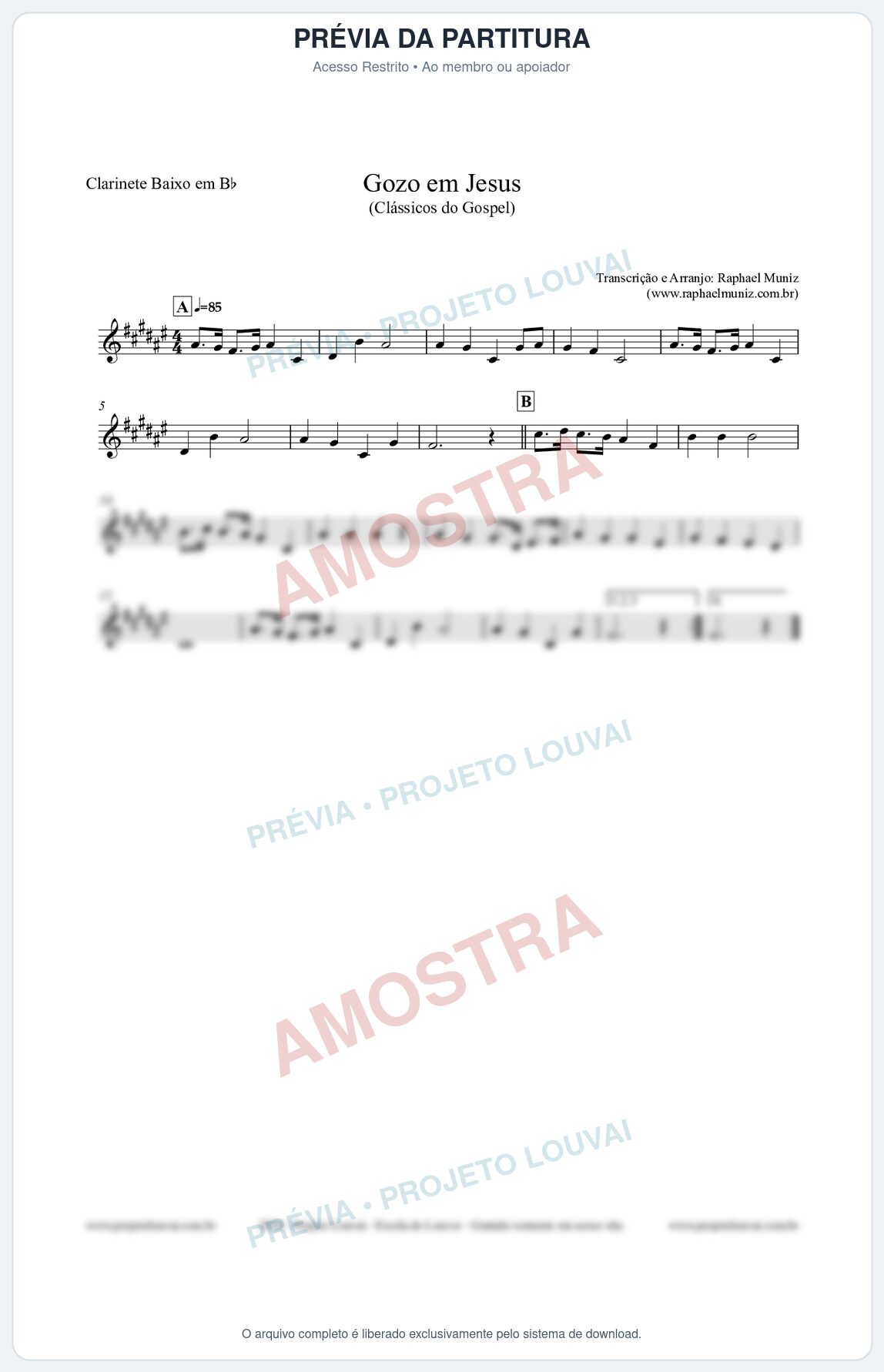 Prévia protegida da primeira página da partitura Partitura para Clarinete Baixo em Bb - Gozo em Jesus - Harpa Cristã 14 (Tom E) - Clássicos do Gospel