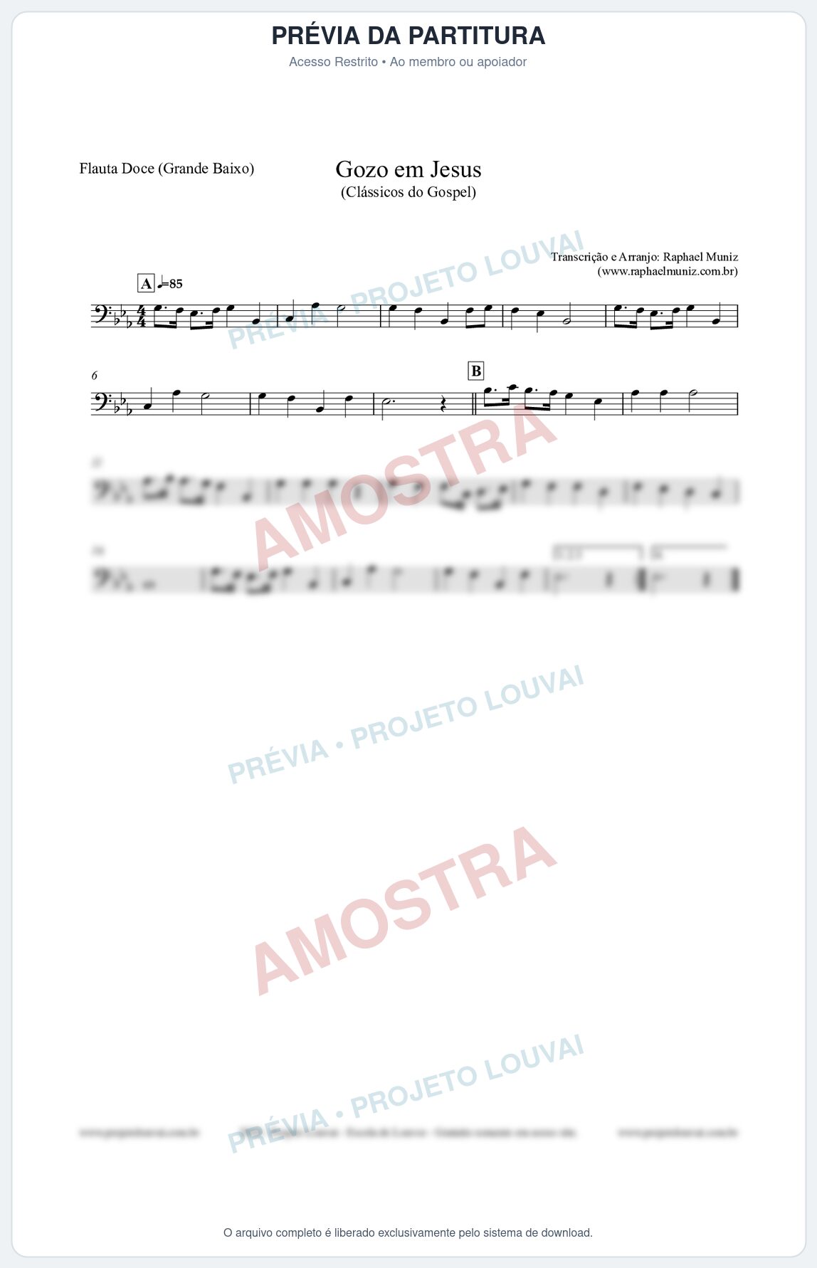 Prévia protegida da primeira página da partitura Partitura para Flauta Doce (Grande Baixo) - Gozo em Jesus - Harpa Cristã 14 (Tom Eb) - Clássicos do Gospel