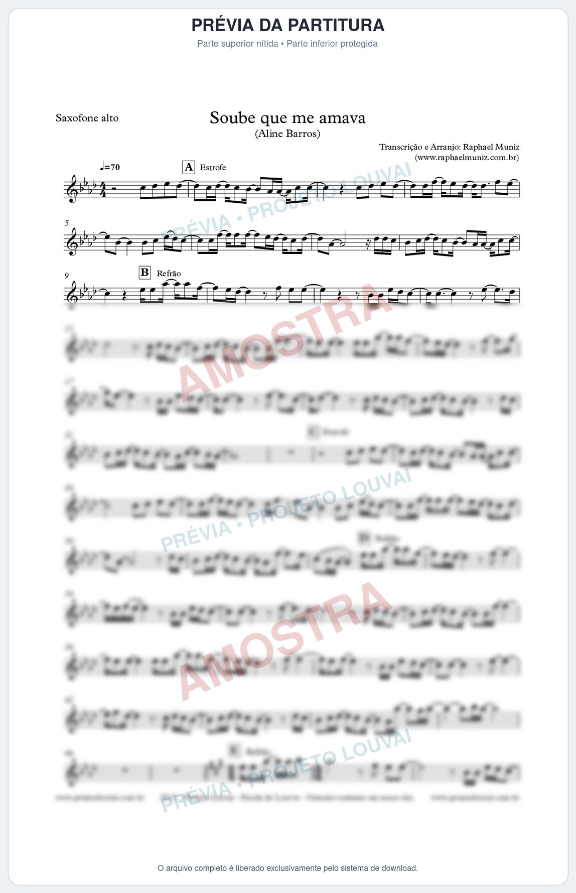 Prévia protegida da primeira página da partitura Partitura para Sax Alto - Soube que me amava - Aline Barros