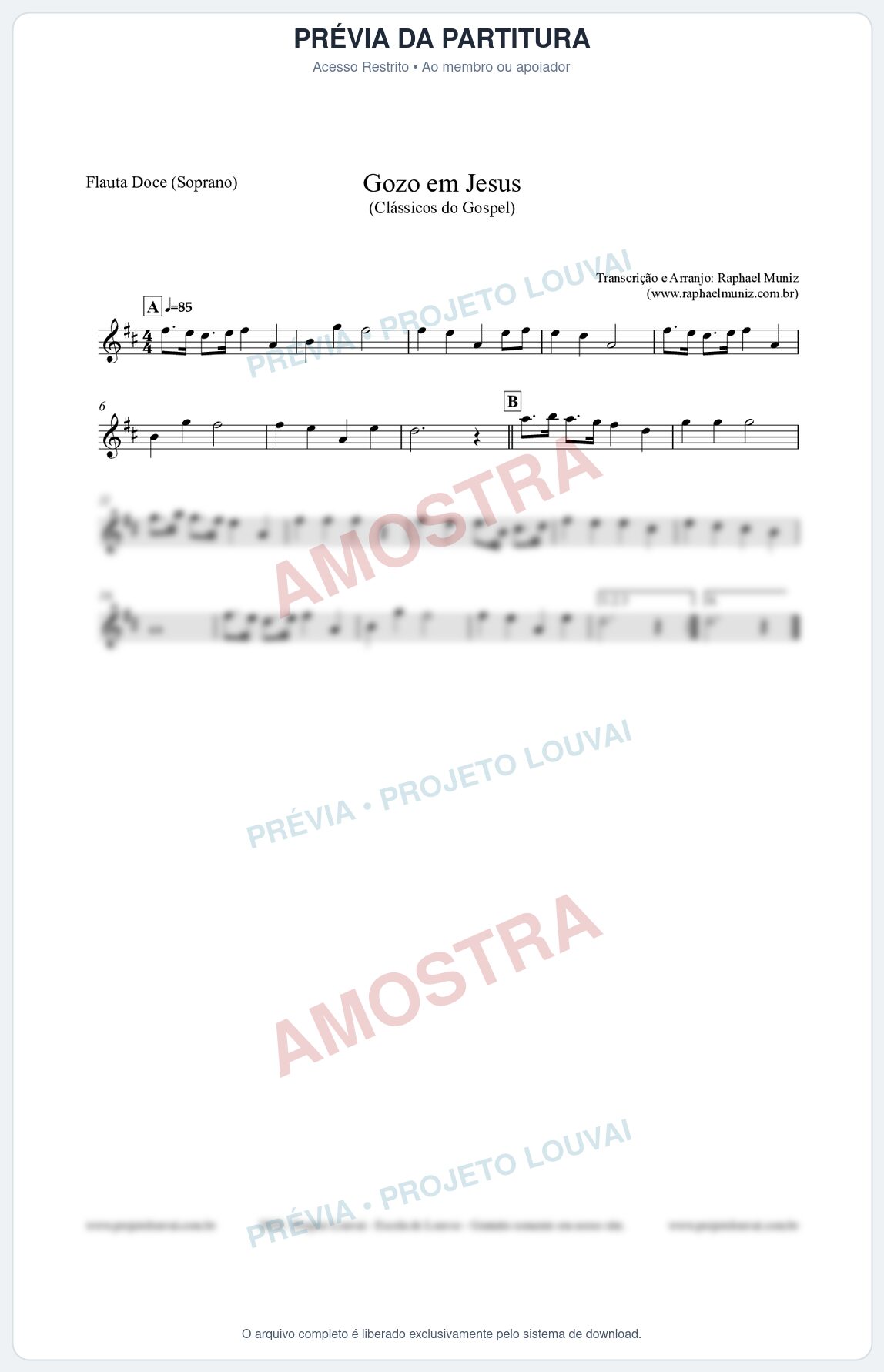 Prévia protegida da primeira página da partitura Partitura para Flauta Doce (Soprano) - Gozo em Jesus - Harpa Cristã 14 (Tom D) - Clássicos do Gospel