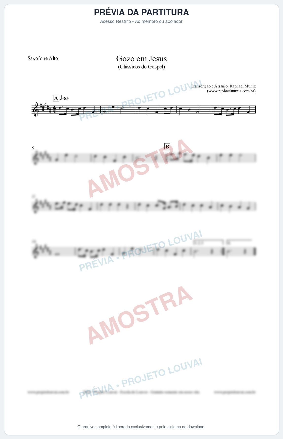 Prévia protegida da primeira página da partitura Partitura para Saxofone Alto - Gozo em Jesus - Harpa Cristã 14 (Tom D) - Clássicos do Gospel