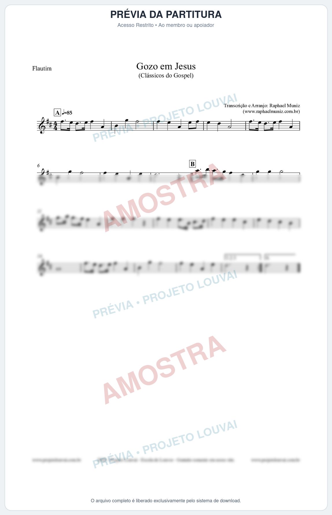 Prévia protegida da primeira página da partitura Partitura para Flautim - Gozo em Jesus - Harpa Cristã 14 (Tom D) - Clássicos do Gospel
