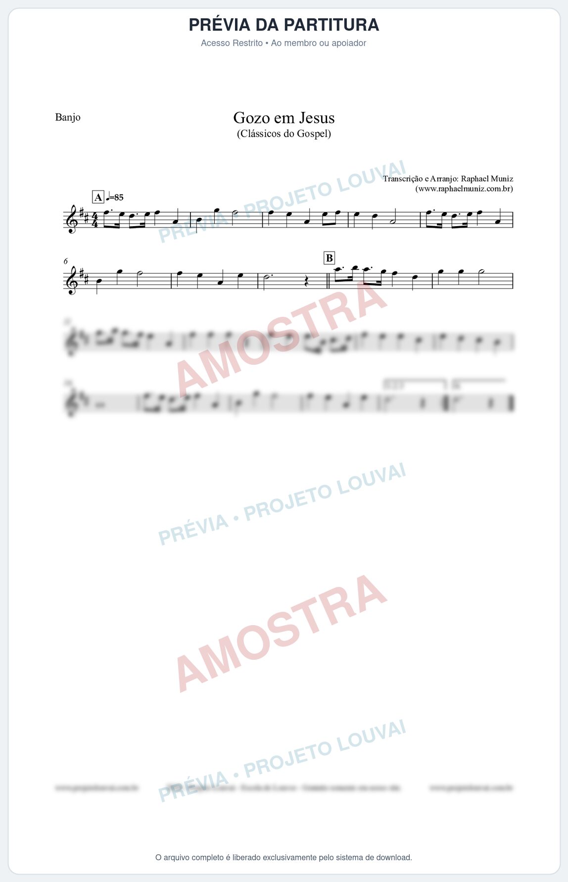 Prévia protegida da primeira página da partitura Partitura para Banjo - Gozo em Jesus - Harpa Cristã 14 (Tom D) - Clássicos do Gospel