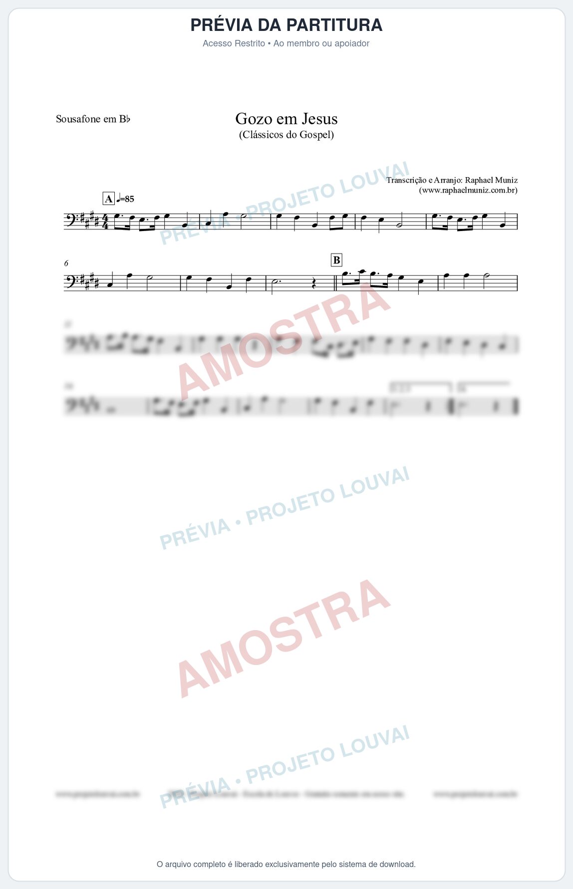 Prévia protegida da primeira página da partitura Partitura para Sousafone em Bb - Gozo em Jesus - Harpa Cristã 14 (Tom D) - Clássicos do Gospel