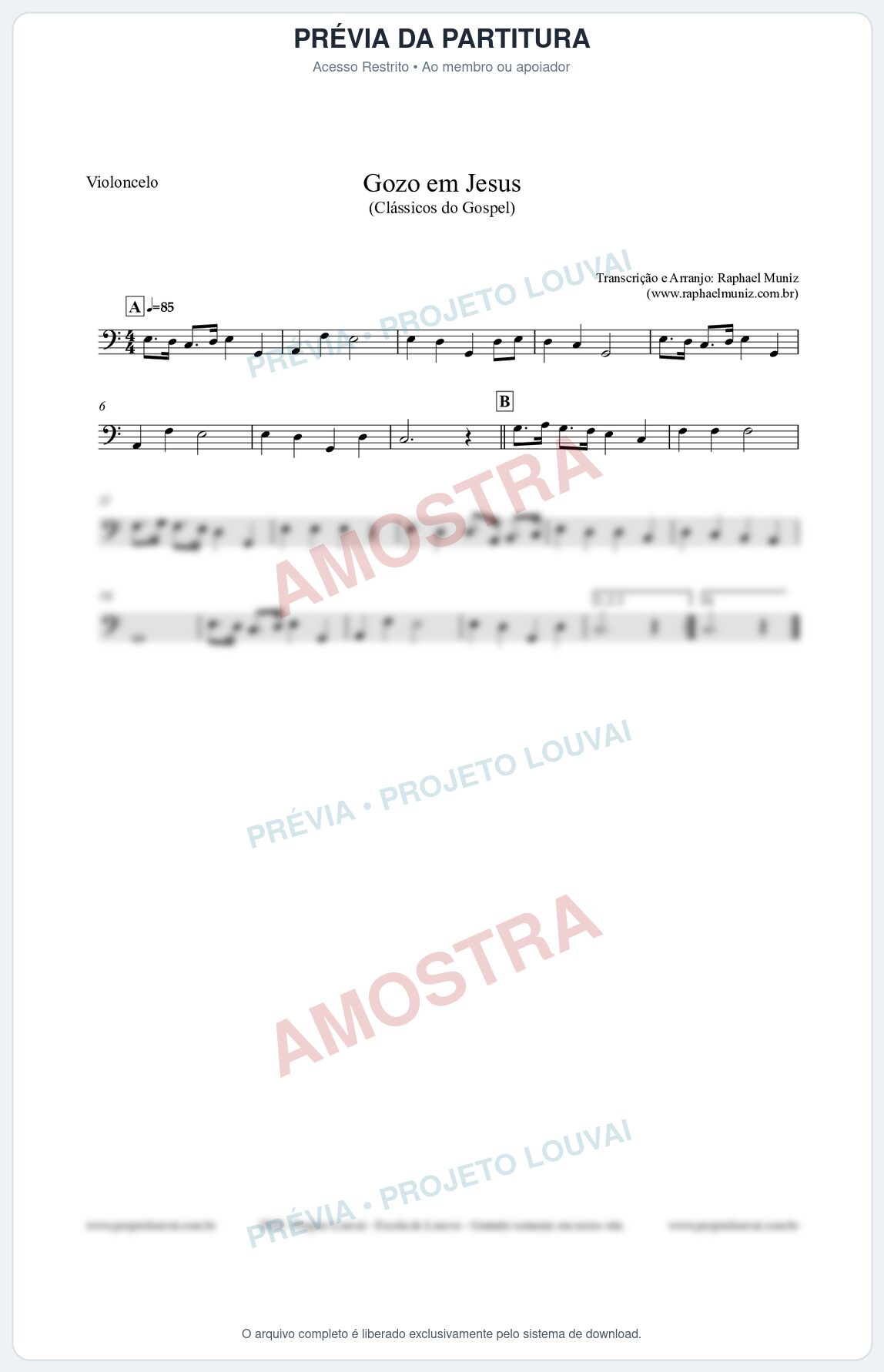 Prévia protegida da primeira página da partitura Partitura para Violoncelo - Gozo em Jesus - Harpa Cristã 14 (Tom C) - Clássicos do Gospel