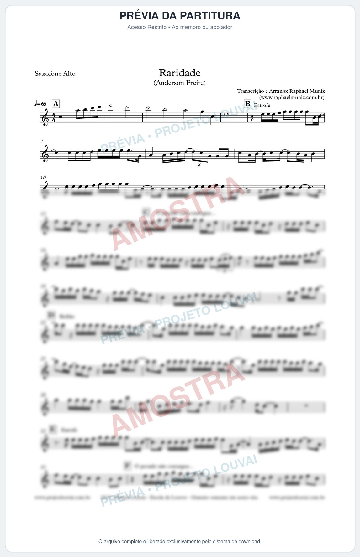 Prévia protegida da primeira página da partitura Partitura para Sax Alto - Raridade - Anderson Freire