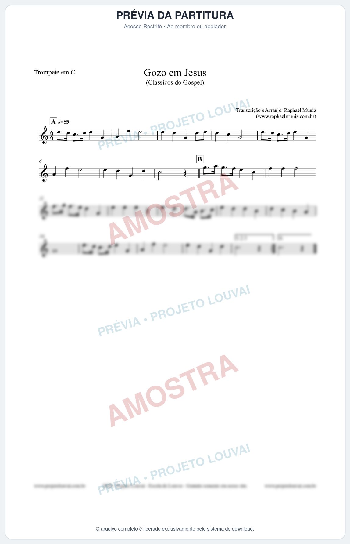 Prévia protegida da primeira página da partitura Partitura para Trompete em C - Gozo em Jesus - Harpa Cristã 14 (Tom C) - Clássicos do Gospel