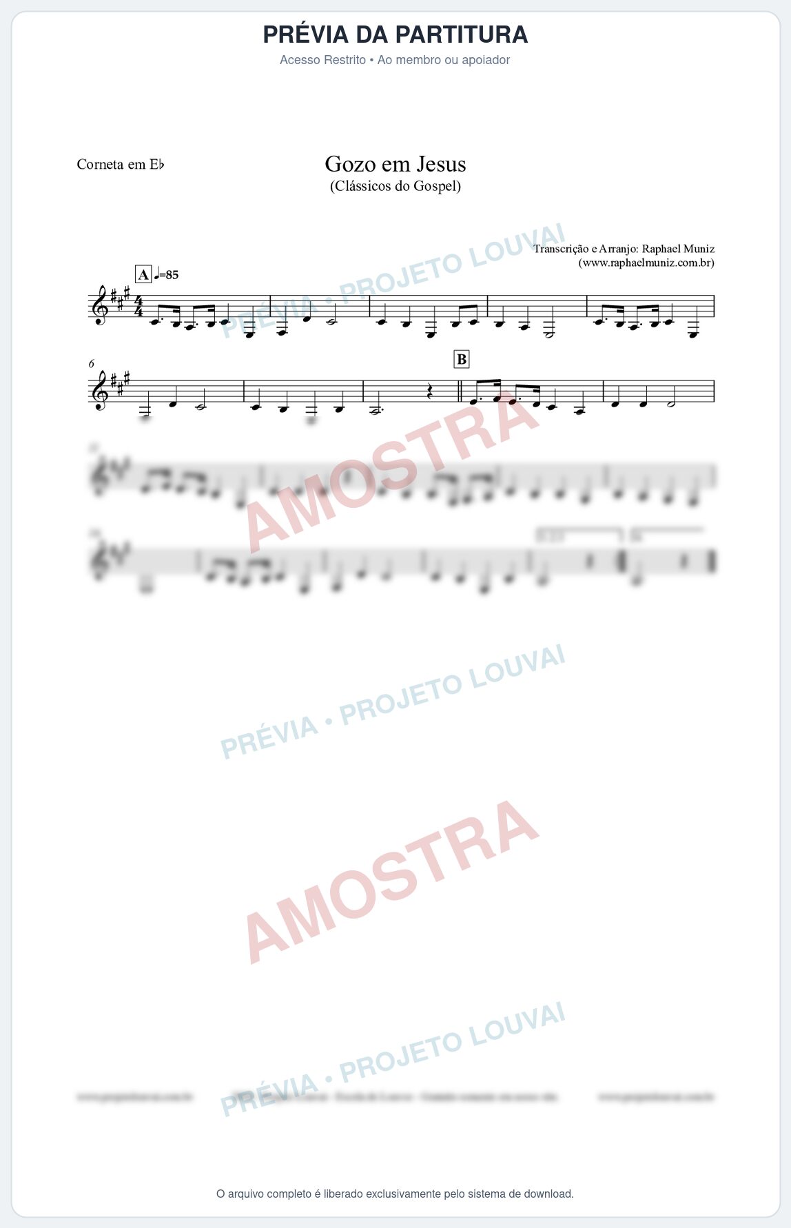 Prévia protegida da primeira página da partitura Partitura para Corneta em Eb - Gozo em Jesus - Harpa Cristã 14 (Tom C) - Clássicos do Gospel