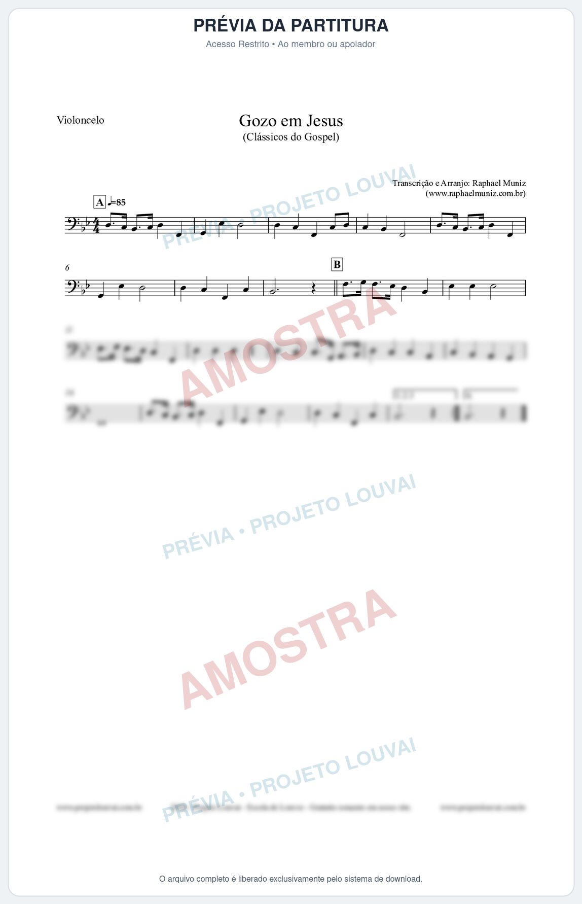 Prévia protegida da primeira página da partitura Partitura para Violoncelo - Gozo em Jesus - Harpa Cristã 14 (Tom Bb) - Clássicos do Gospel