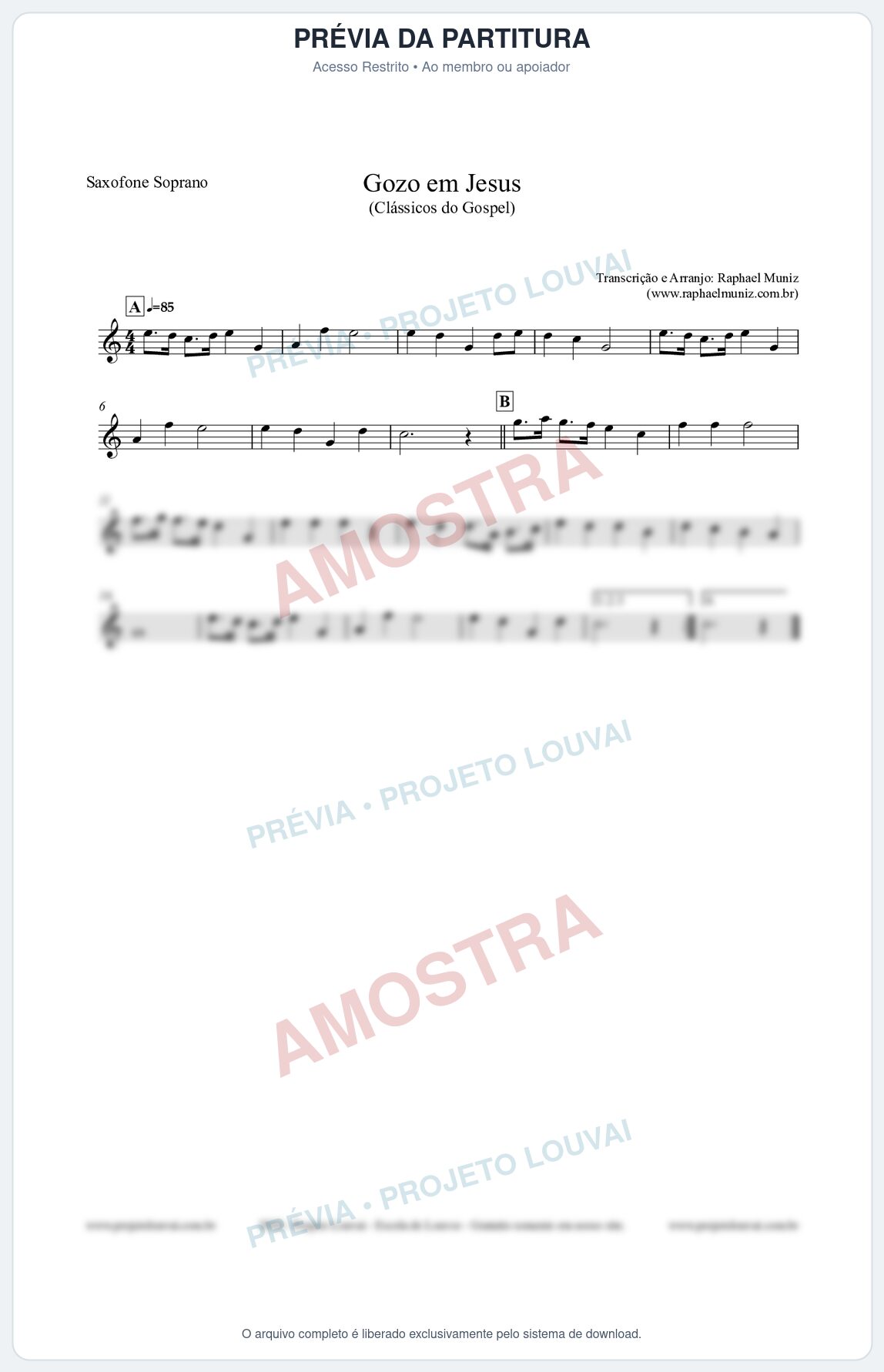 Prévia protegida da primeira página da partitura Partitura para Saxofone Soprano - Gozo em Jesus - Harpa Cristã 14 (Tom Bb) - Clássicos do Gospel