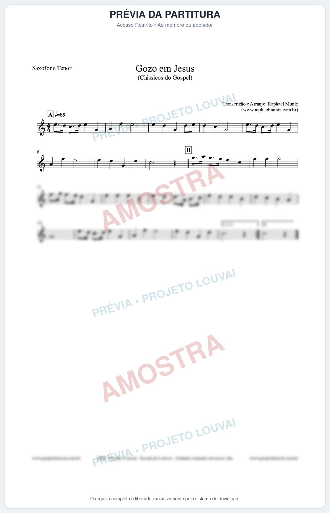 Prévia protegida da primeira página da partitura Partitura para Saxofone Tenor - Gozo em Jesus - Harpa Cristã 14 (Tom Bb) - Clássicos do Gospel