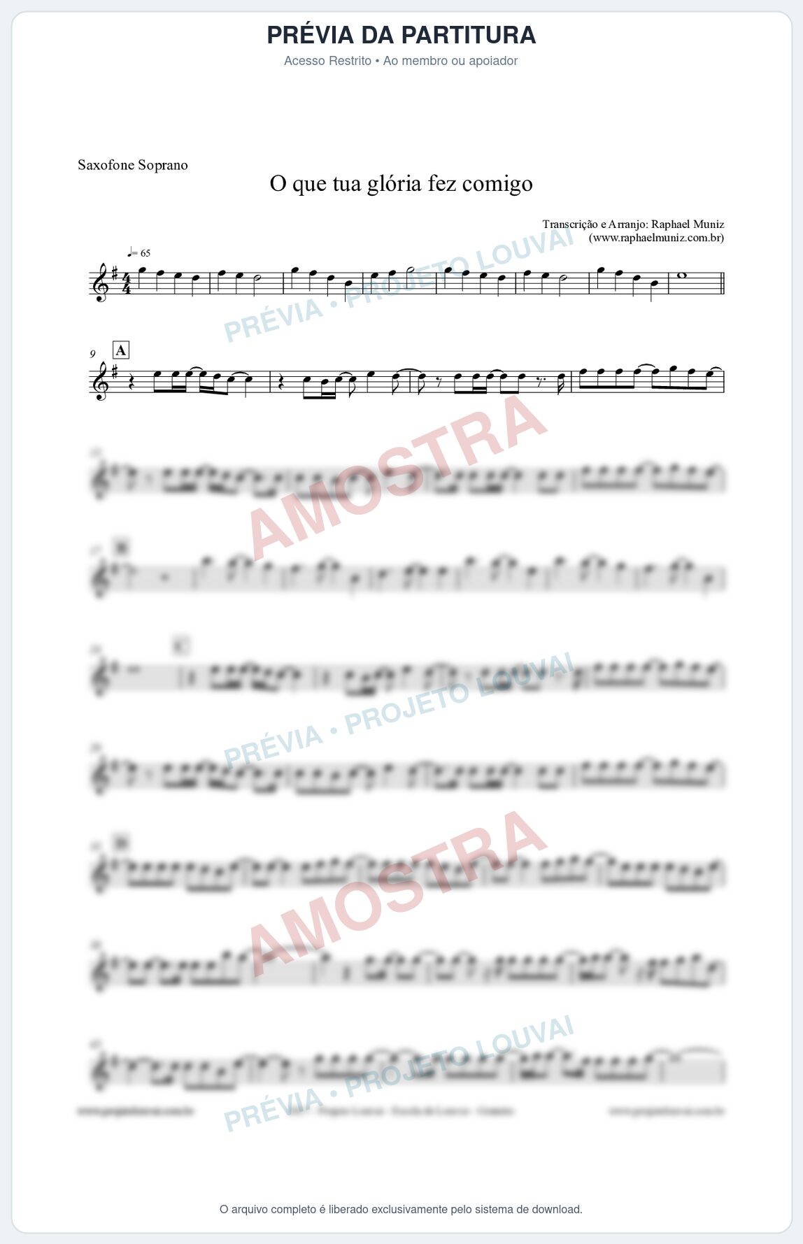 Prévia protegida da primeira página da partitura Partitura para Sax Soprano - O que tua glória fez comigo - Fernanda Brum