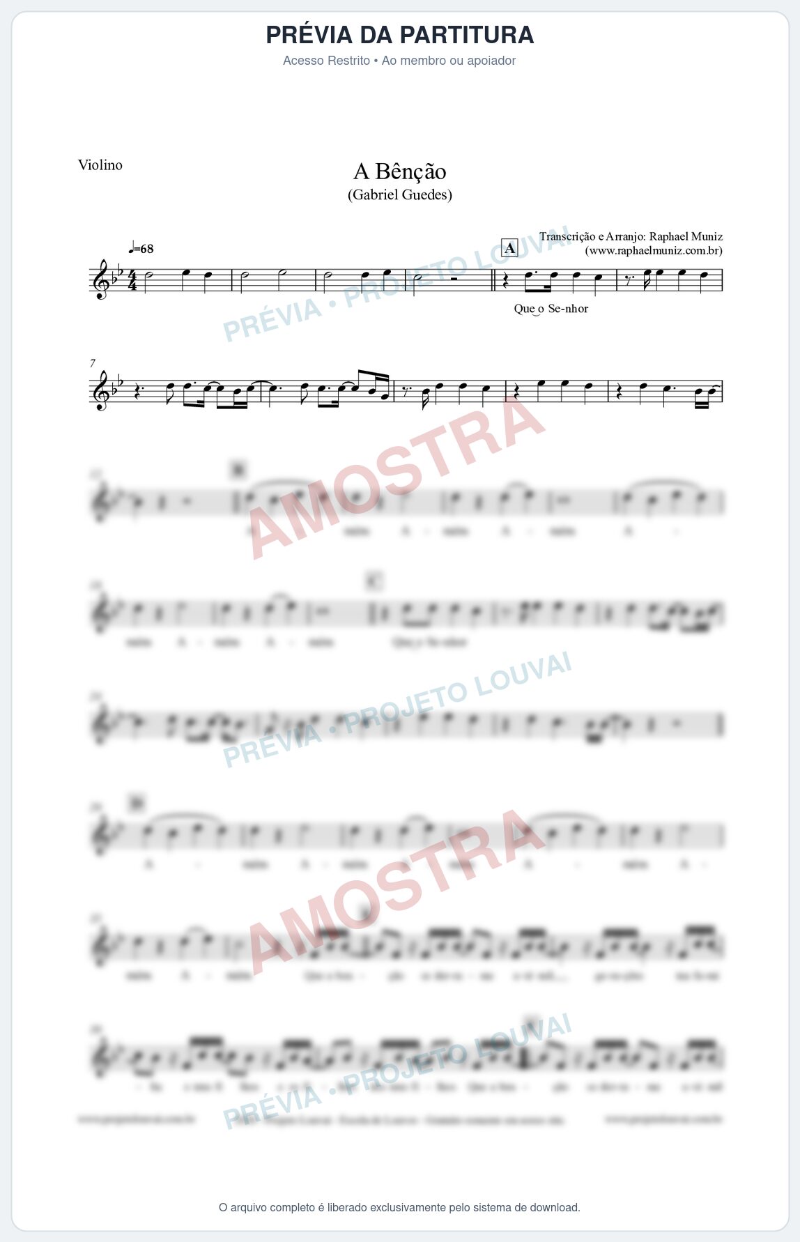 Prévia protegida da primeira página da partitura Partitura para Violino - A Bênção (Tom Bb) - Gabriel Guedes