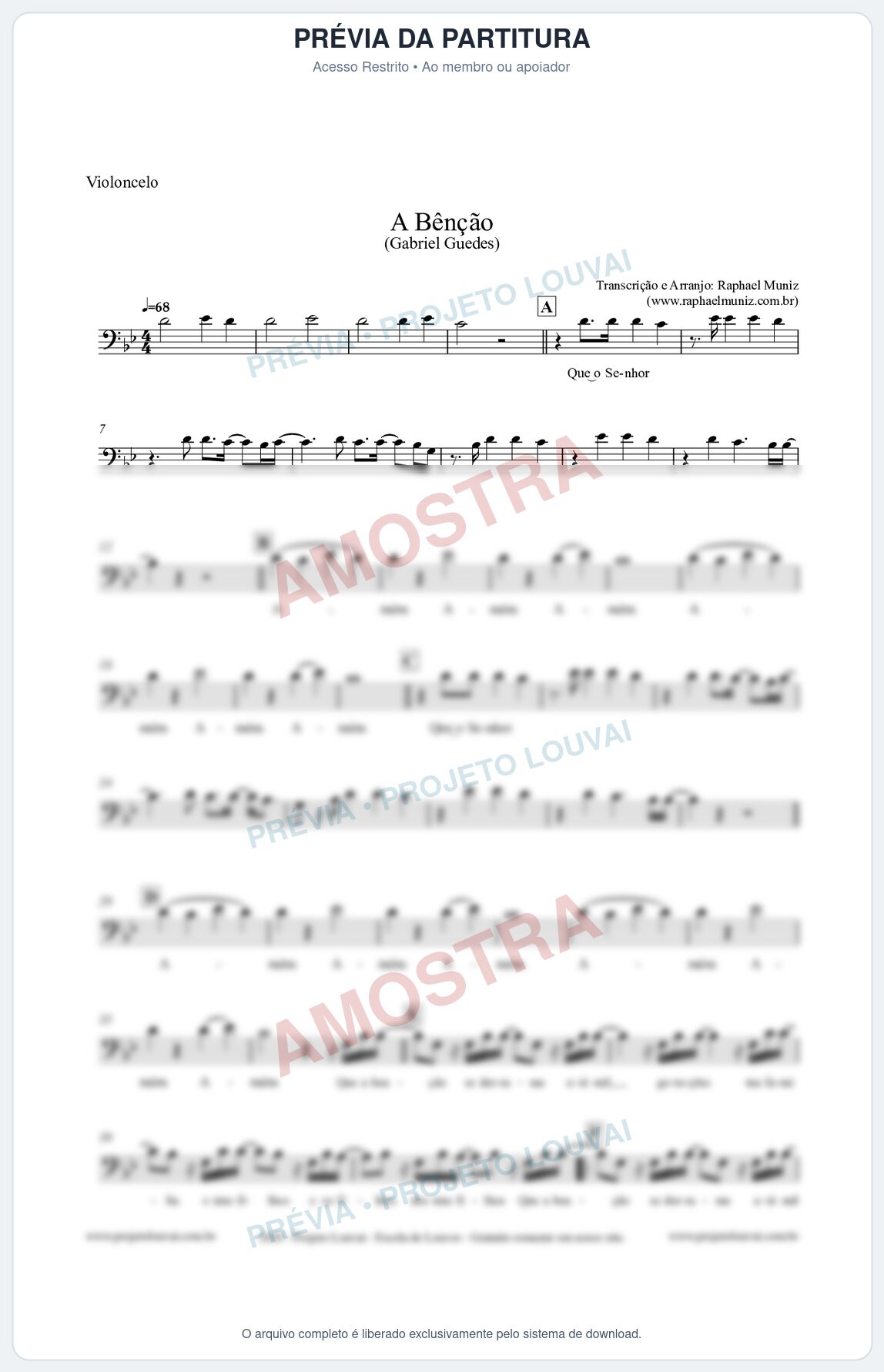 Prévia protegida da primeira página da partitura Partitura para Violoncelo - A Bênção (Tom Bb) - Gabriel Guedes