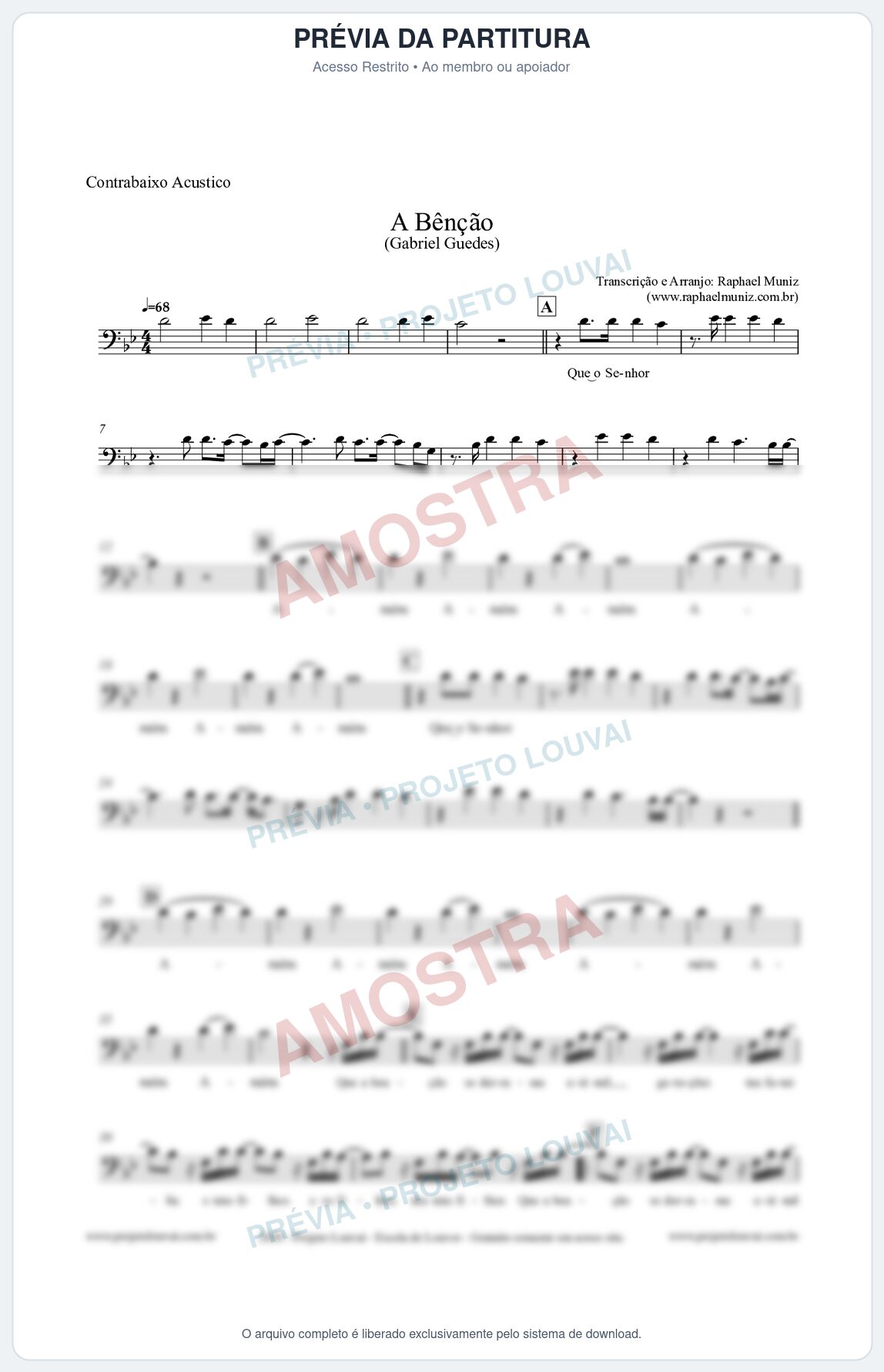 Prévia protegida da primeira página da partitura Partitura para Contrabaixo Acústico - A Bênção (Tom Bb) - Gabriel Guedes