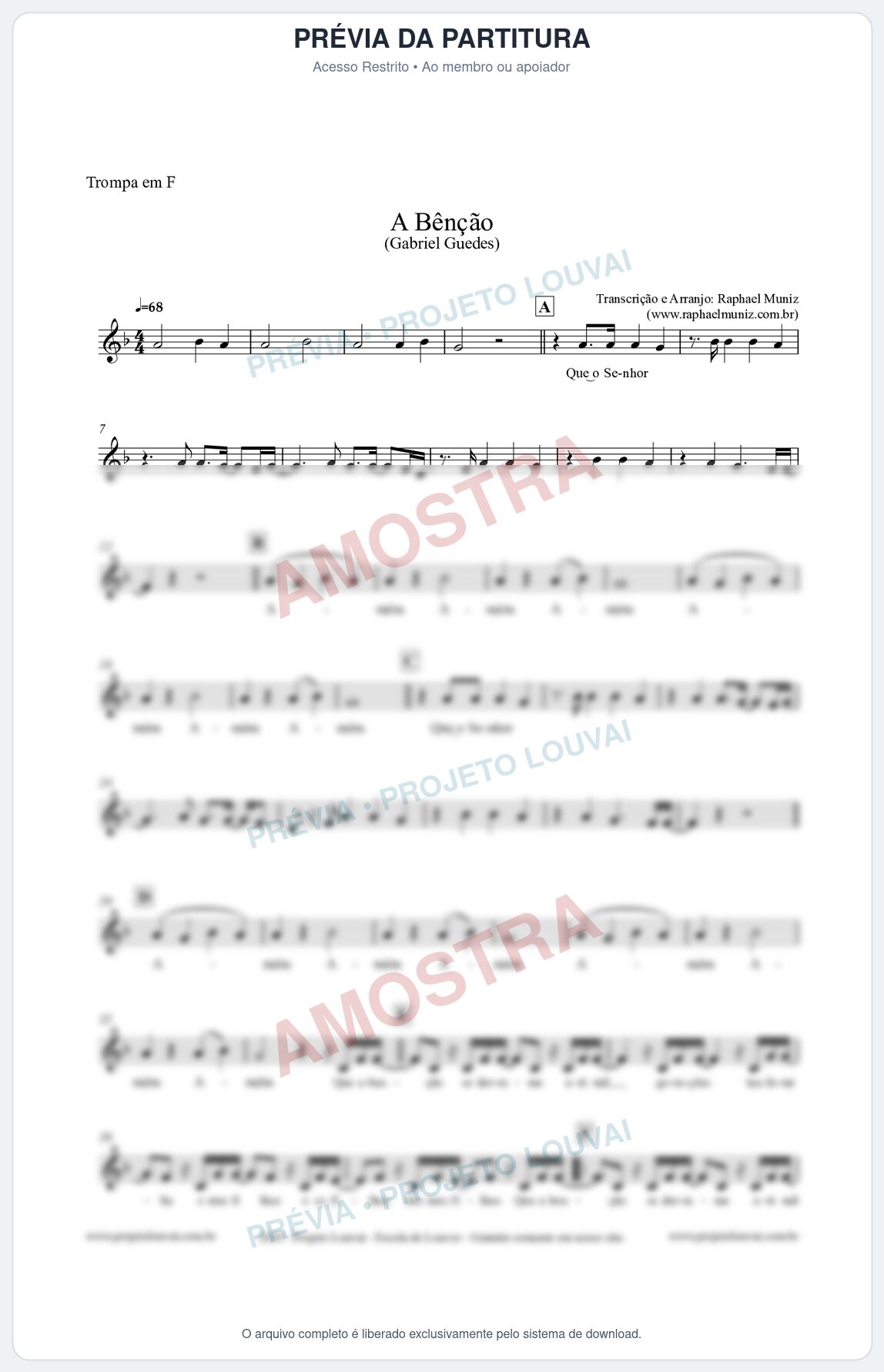 Prévia protegida da primeira página da partitura Partitura para Trompa em F - A Bênção (Tom Bb) - Gabriel Guedes