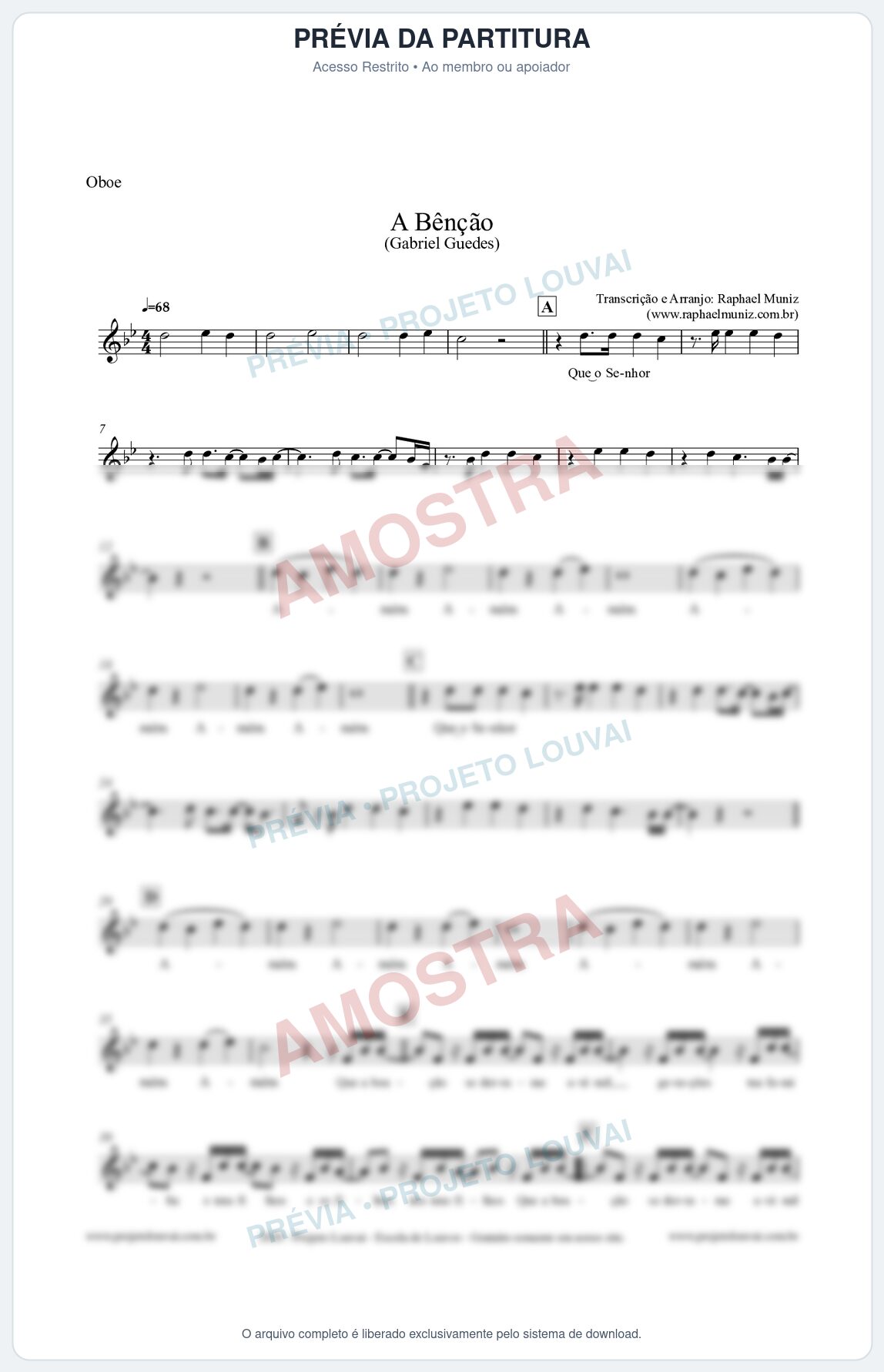 Prévia protegida da primeira página da partitura Partitura para Oboé - A Bênção (Tom Bb) - Gabriel Guedes