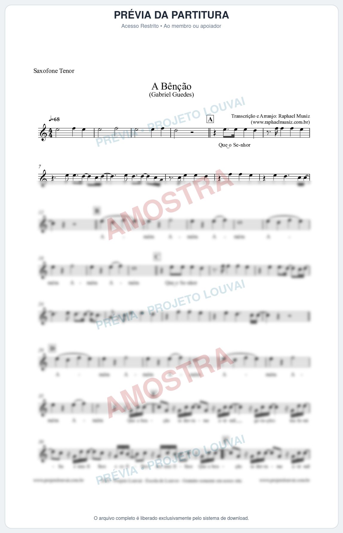 Prévia protegida da primeira página da partitura Partitura para Saxofone Tenor - A Bênção (Tom Bb) - Gabriel Guedes