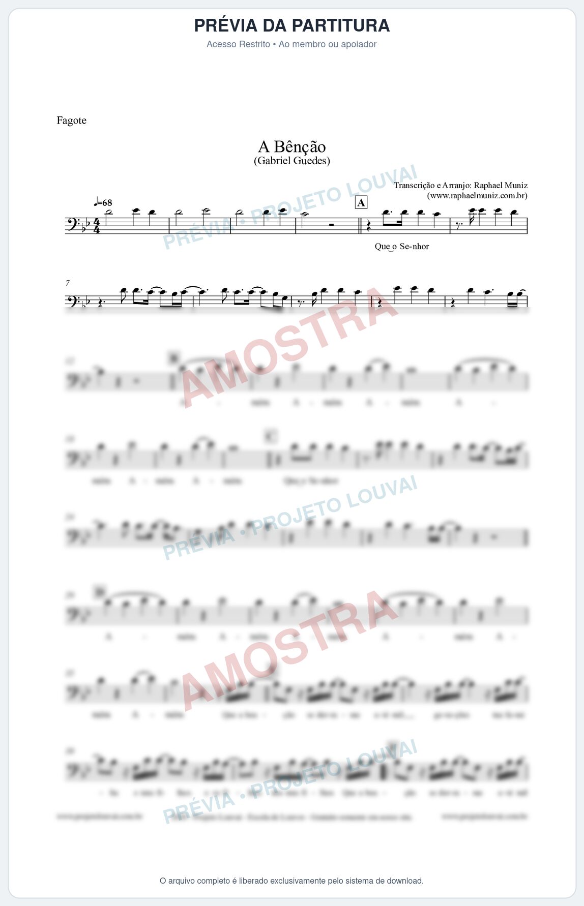 Prévia protegida da primeira página da partitura Partitura para Fagote - A Bênção (Tom Bb) - Gabriel Guedes
