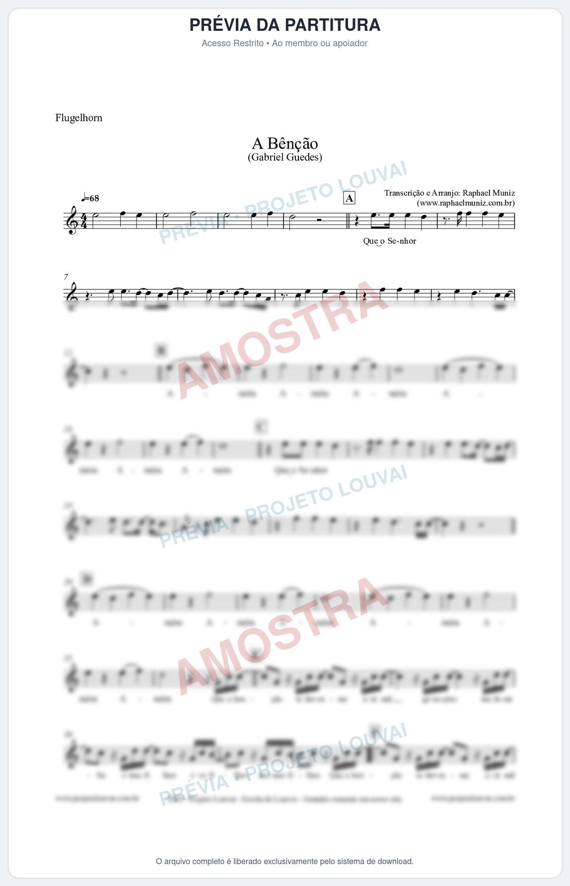 Prévia protegida da primeira página da partitura Partitura para Flugelhorn - A Bênção (Tom Bb) - Gabriel Guedes