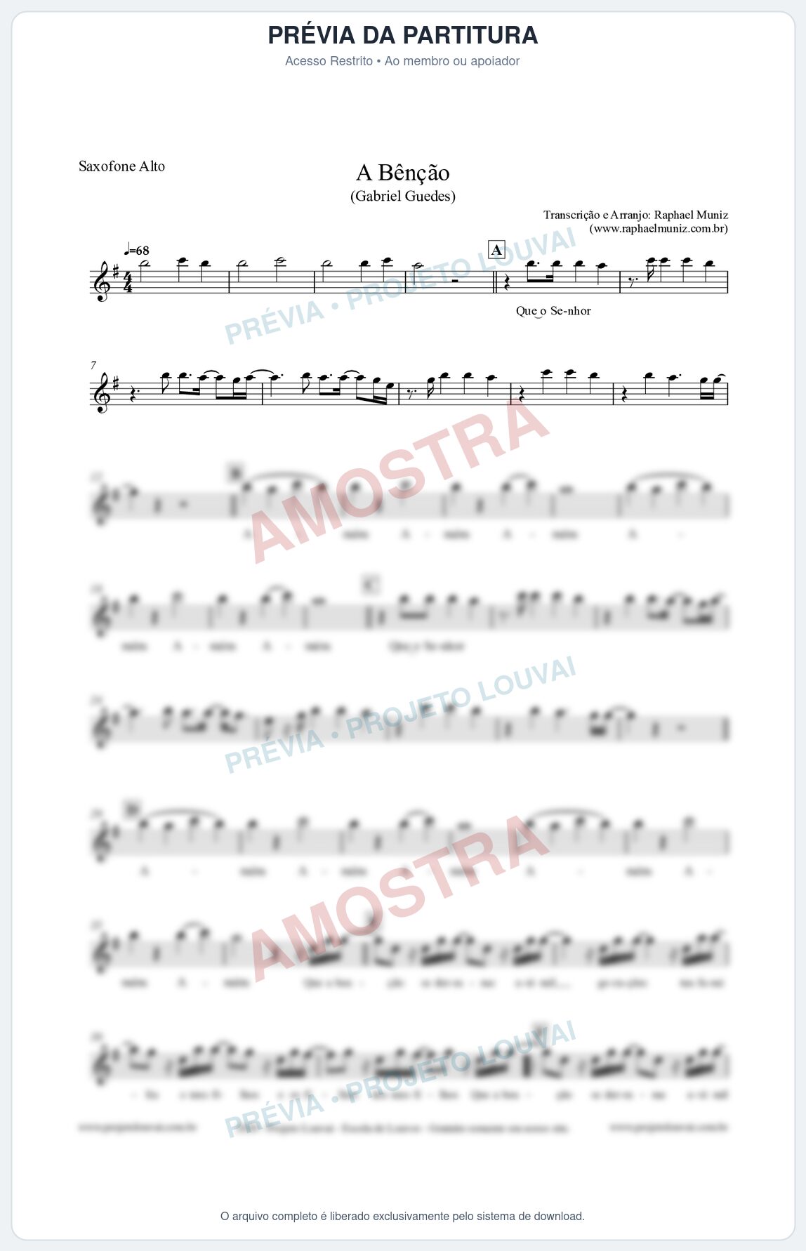 Prévia protegida da primeira página da partitura Partitura para Saxofone Alto - A Bênção (Tom Bb) - Gabriel Guedes