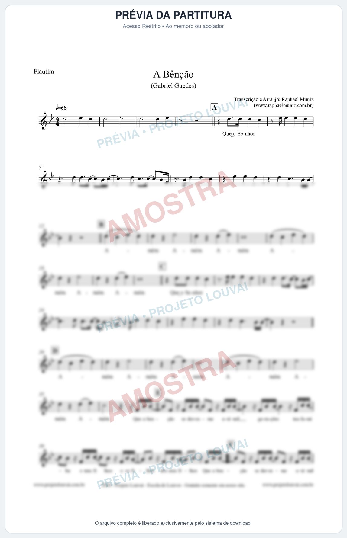 Prévia protegida da primeira página da partitura Partitura para Flautim - A Bênção (Tom Bb) - Gabriel Guedes