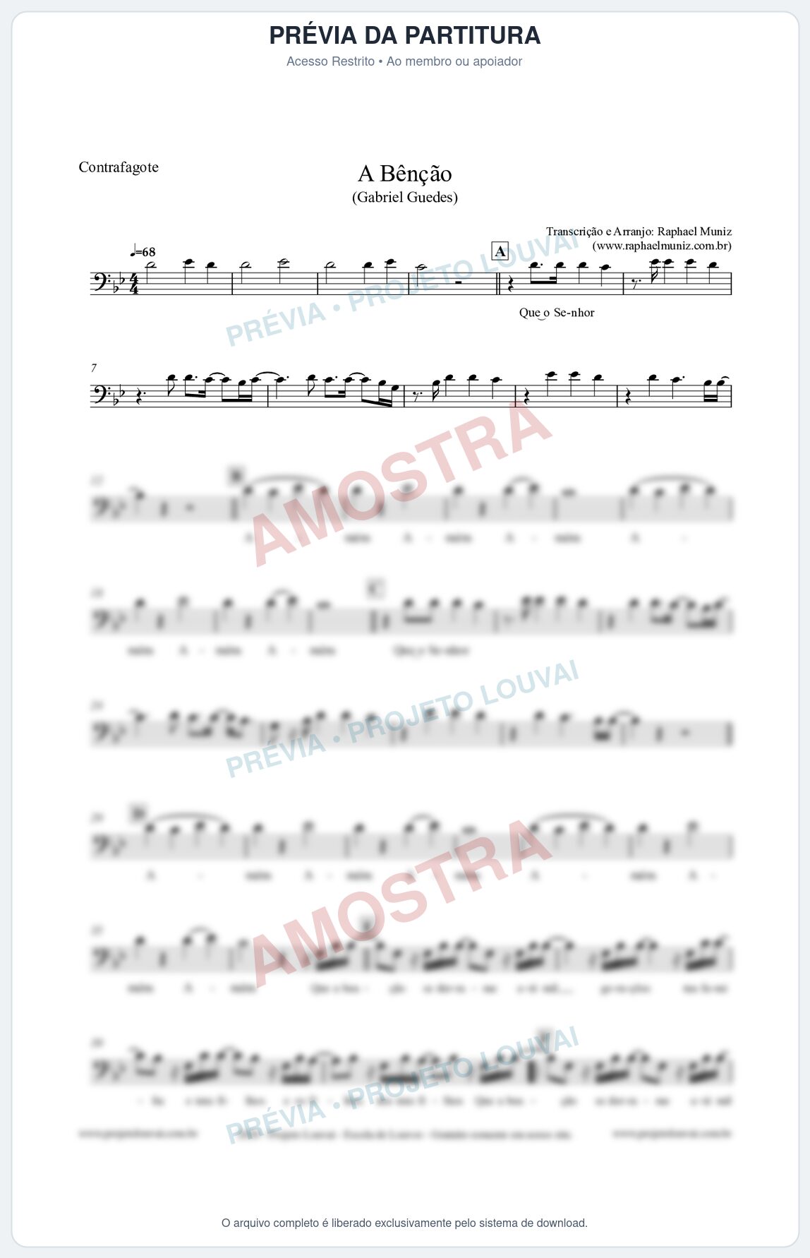 Prévia protegida da primeira página da partitura Partitura para Contrafagote - A Bênção (Tom Bb) - Gabriel Guedes