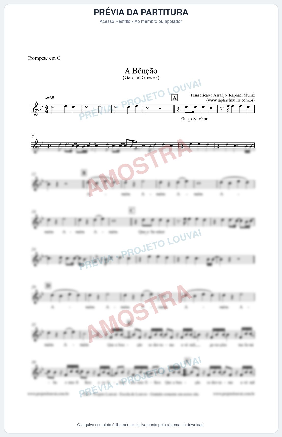 Prévia protegida da primeira página da partitura Partitura para Trompete em C - A Bênção (Tom Bb) - Gabriel Guedes
