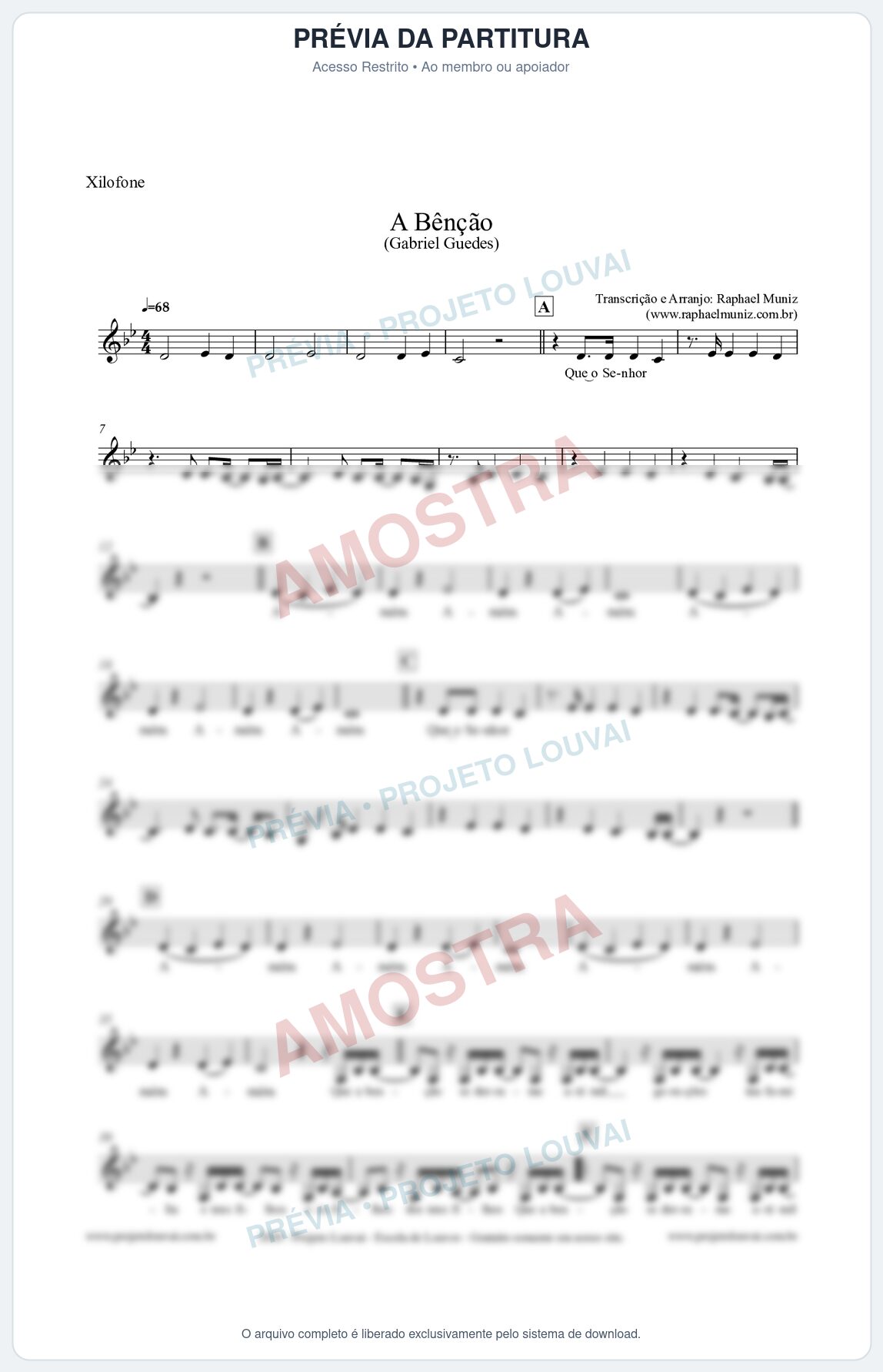 Prévia protegida da primeira página da partitura Partitura para Xilofone - A Bênção (Tom Bb) - Gabriel Guedes