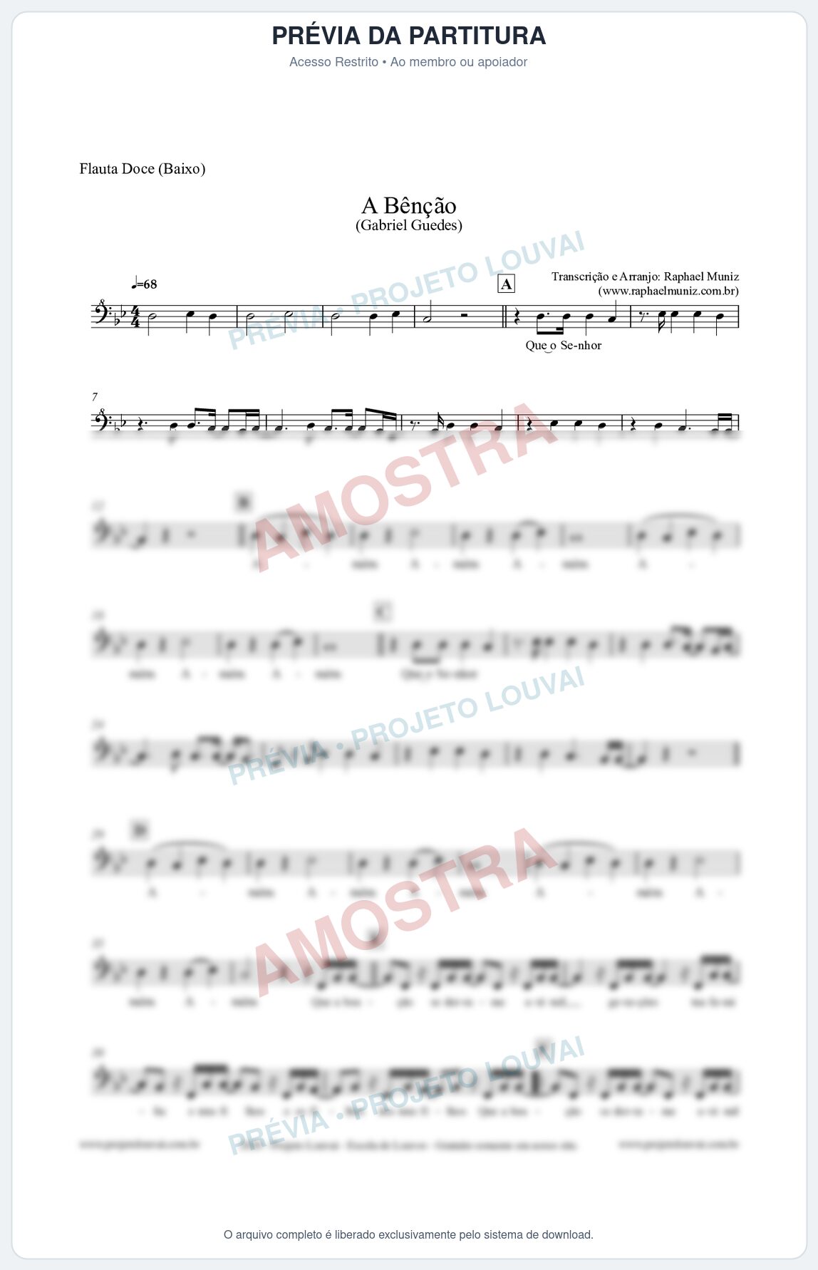 Prévia protegida da primeira página da partitura Partitura para Flauta Doce (Baixo) - A Bênção (Tom Bb) - Gabriel Guedes