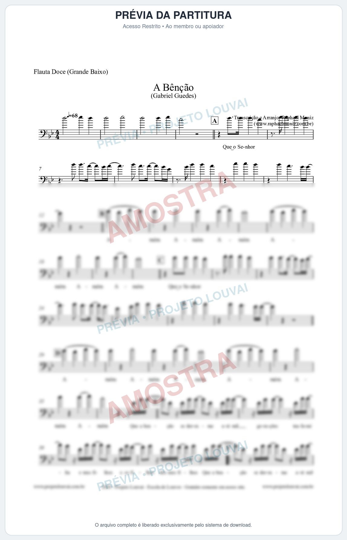 Prévia protegida da primeira página da partitura Partitura para Flauta Doce (Grande Baixo) - A Bênção (Tom Bb) - Gabriel Guedes