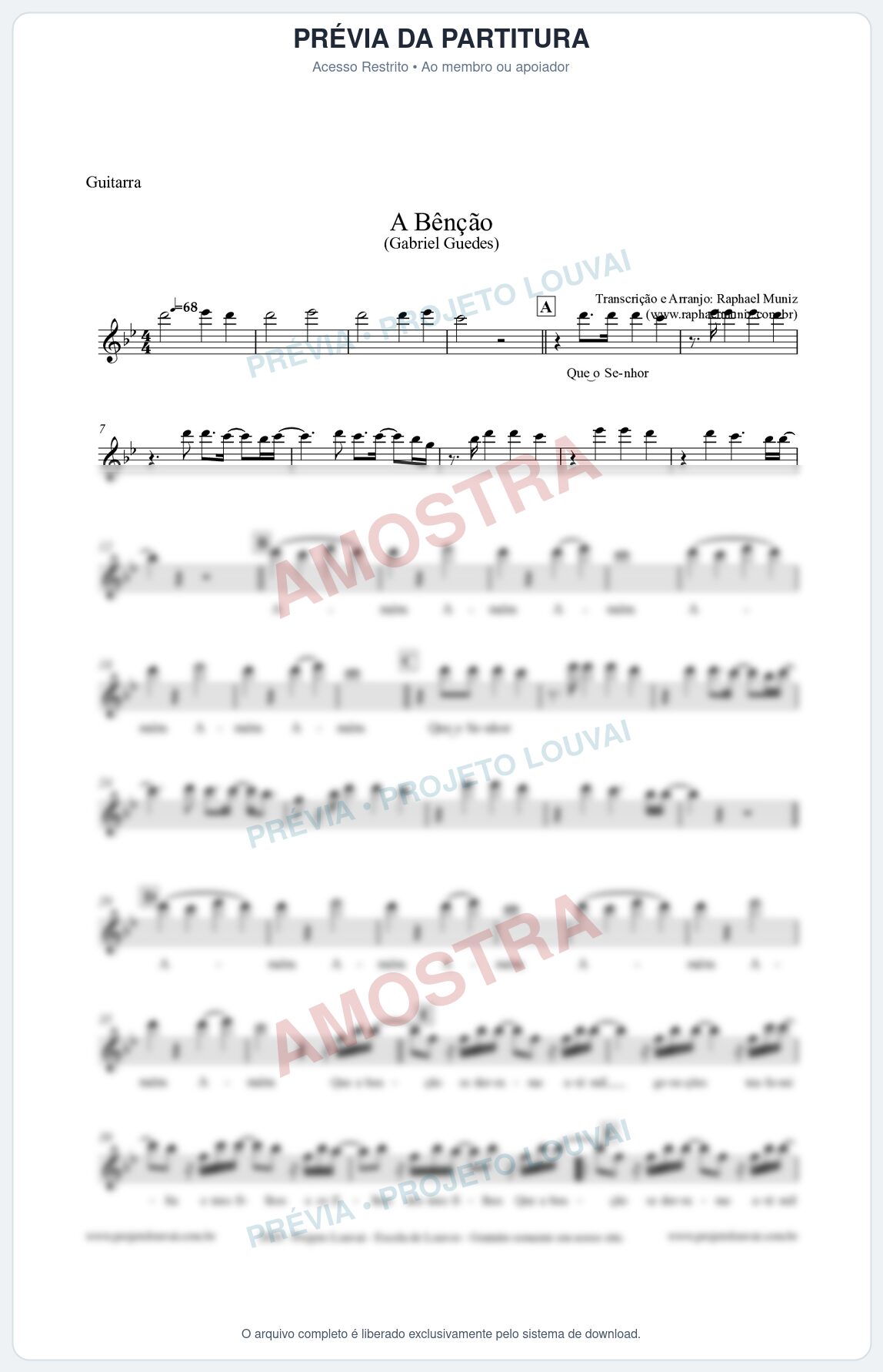 Prévia protegida da primeira página da partitura Partitura para Guitarra - A Bênção (Tom Bb) - Gabriel Guedes