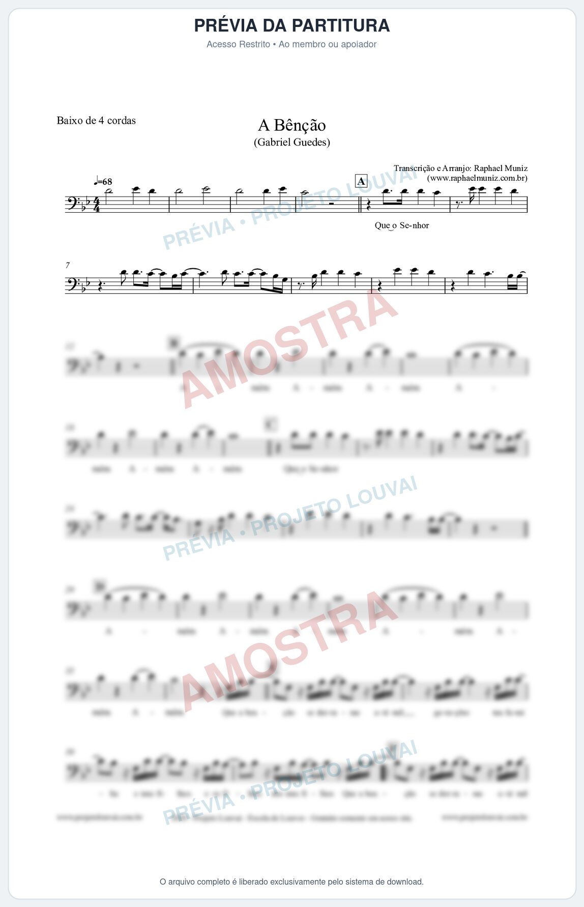 Prévia protegida da primeira página da partitura Partitura para Baixo de 4 cordas - A Bênção (Tom Bb) - Gabriel Guedes