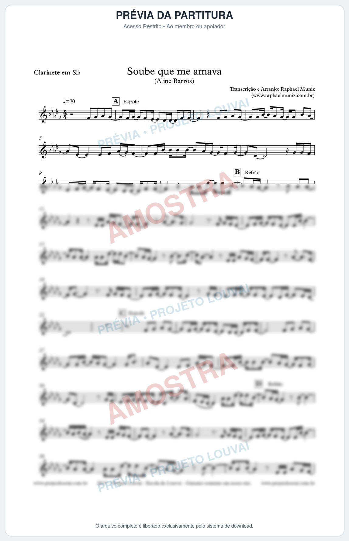 Prévia protegida da primeira página da partitura Partitura para Clarinete - Soube que me amava - Aline Barros