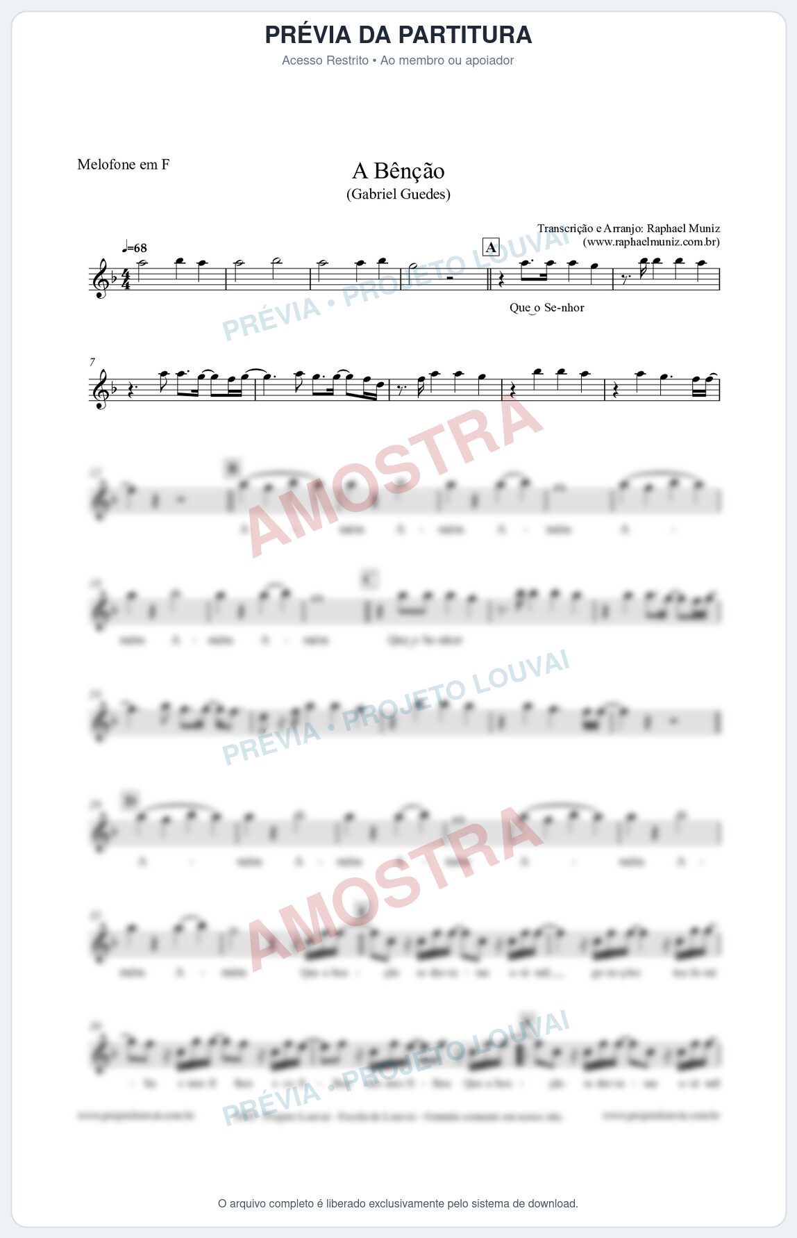 Prévia protegida da primeira página da partitura Partitura para Melofone em F - A Bênção (Tom Bb) - Gabriel Guedes