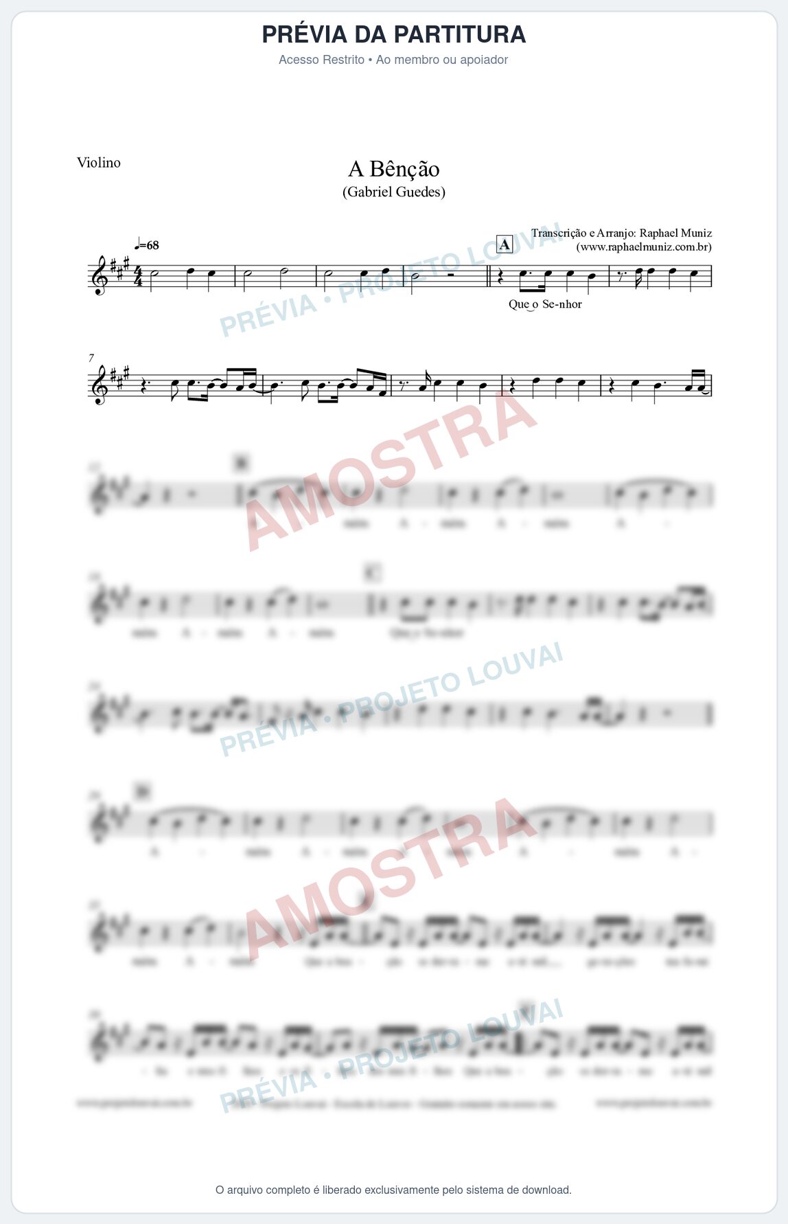 Prévia protegida da primeira página da partitura Partitura para Violino - A Bênção (Tom A) - Gabriel Guedes