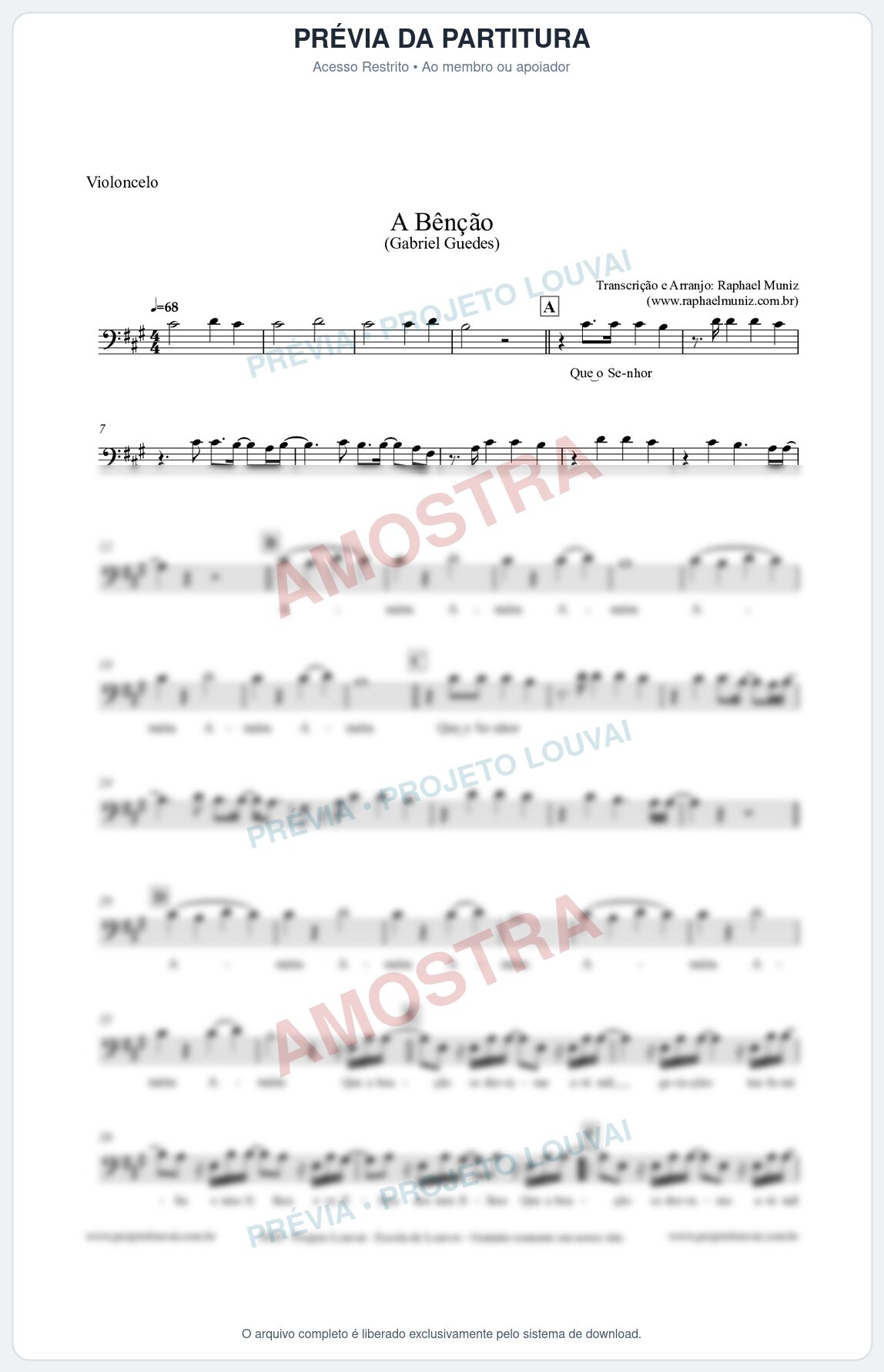 Prévia protegida da primeira página da partitura Partitura para Violoncelo - A Bênção (Tom A) - Gabriel Guedes