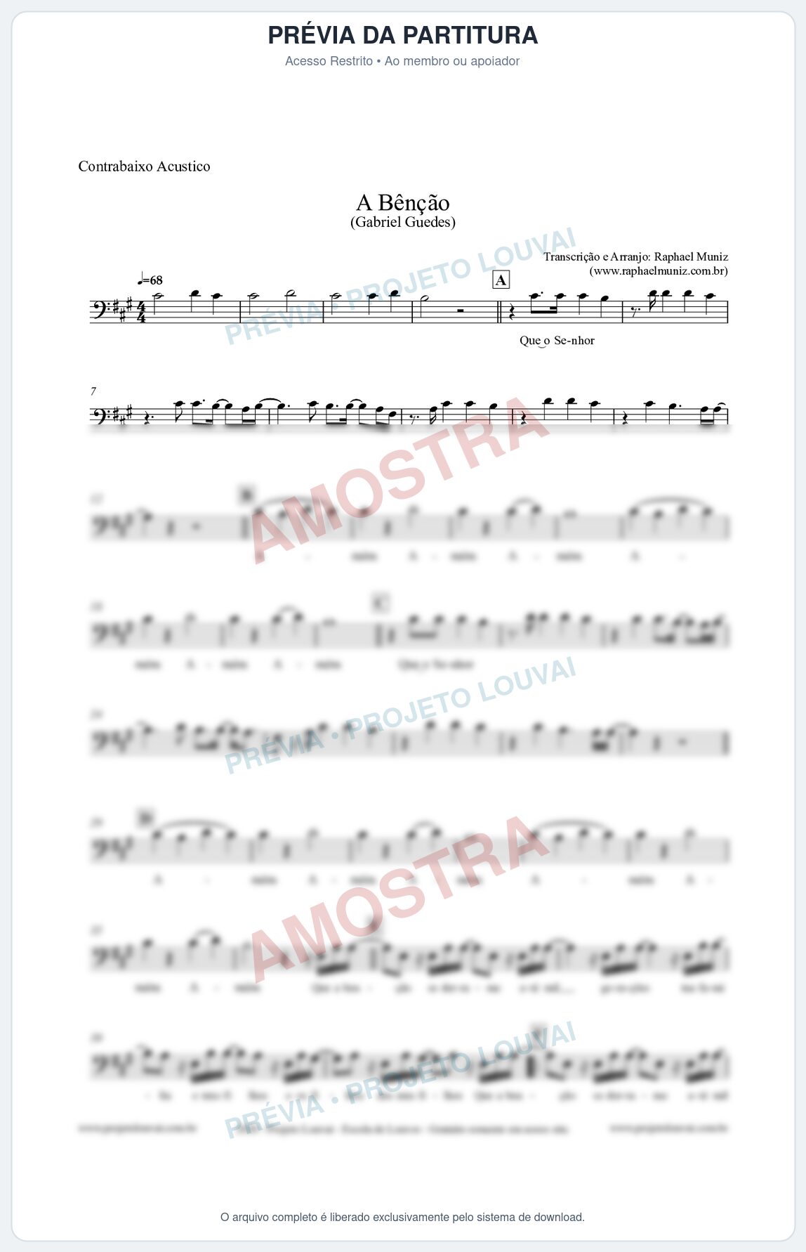 Prévia protegida da primeira página da partitura Partitura para Contrabaixo Acústico - A Bênção (Tom A) - Gabriel Guedes