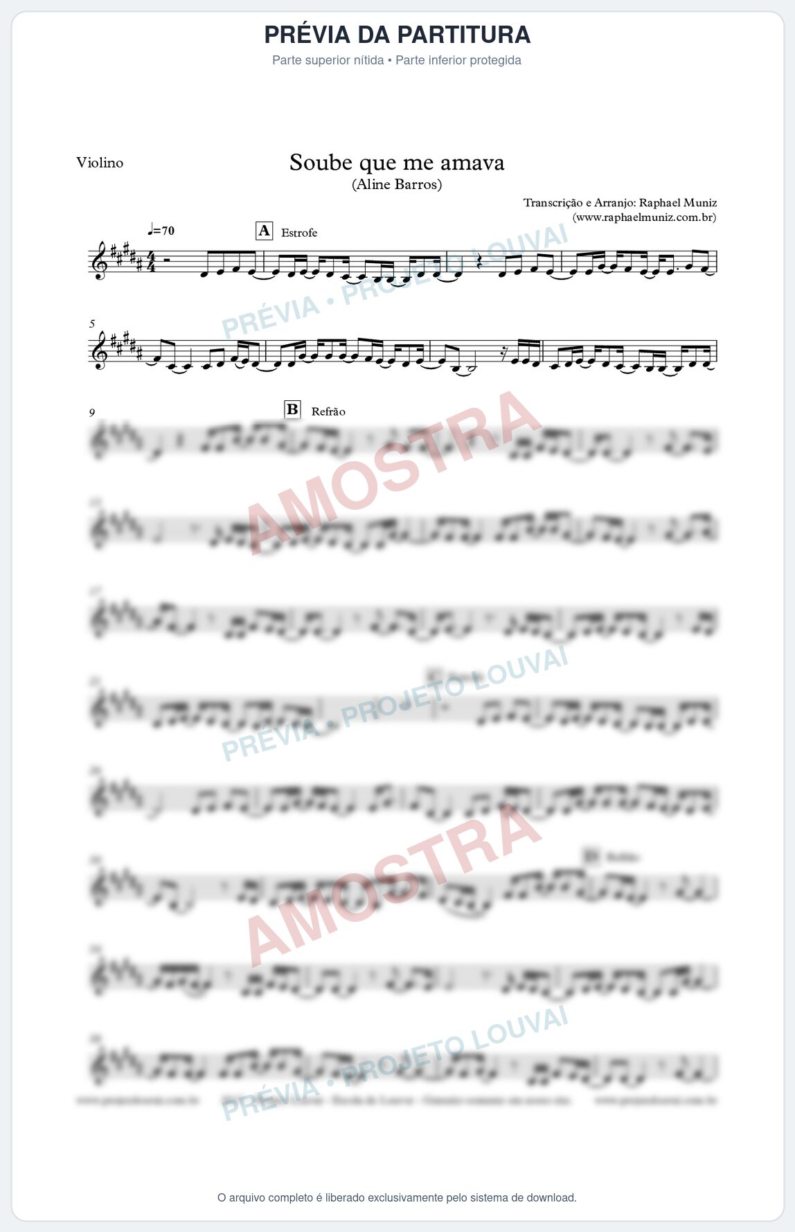 Prévia protegida da primeira página da partitura Partitura para Violino - Soube que me amava - Aline Barros