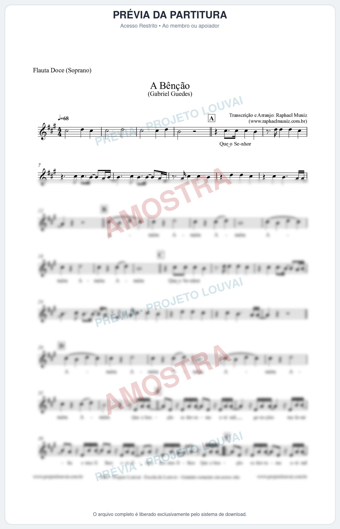 Prévia protegida da primeira página da partitura Partitura para Flauta Doce (Soprano) - A Bênção (Tom A) - Gabriel Guedes