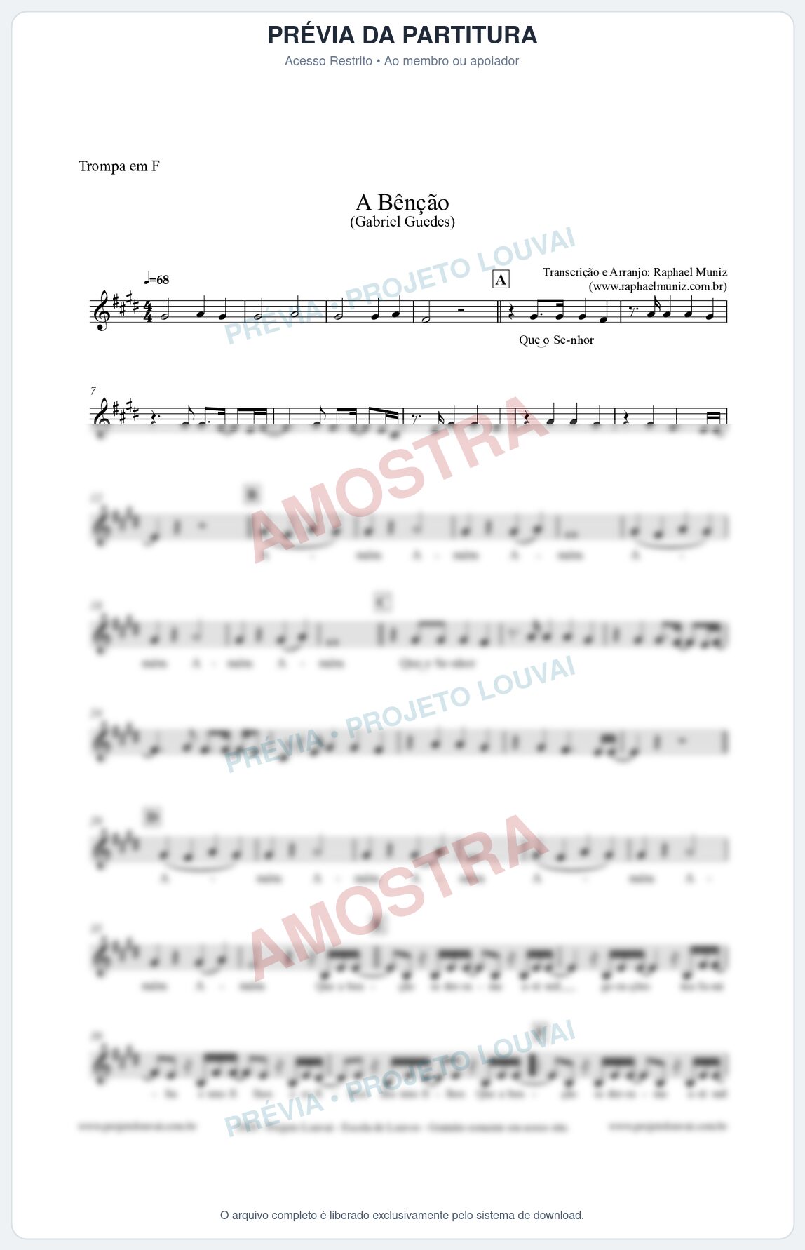 Prévia protegida da primeira página da partitura Partitura para Trompa em F - A Bênção (Tom A) - Gabriel Guedes