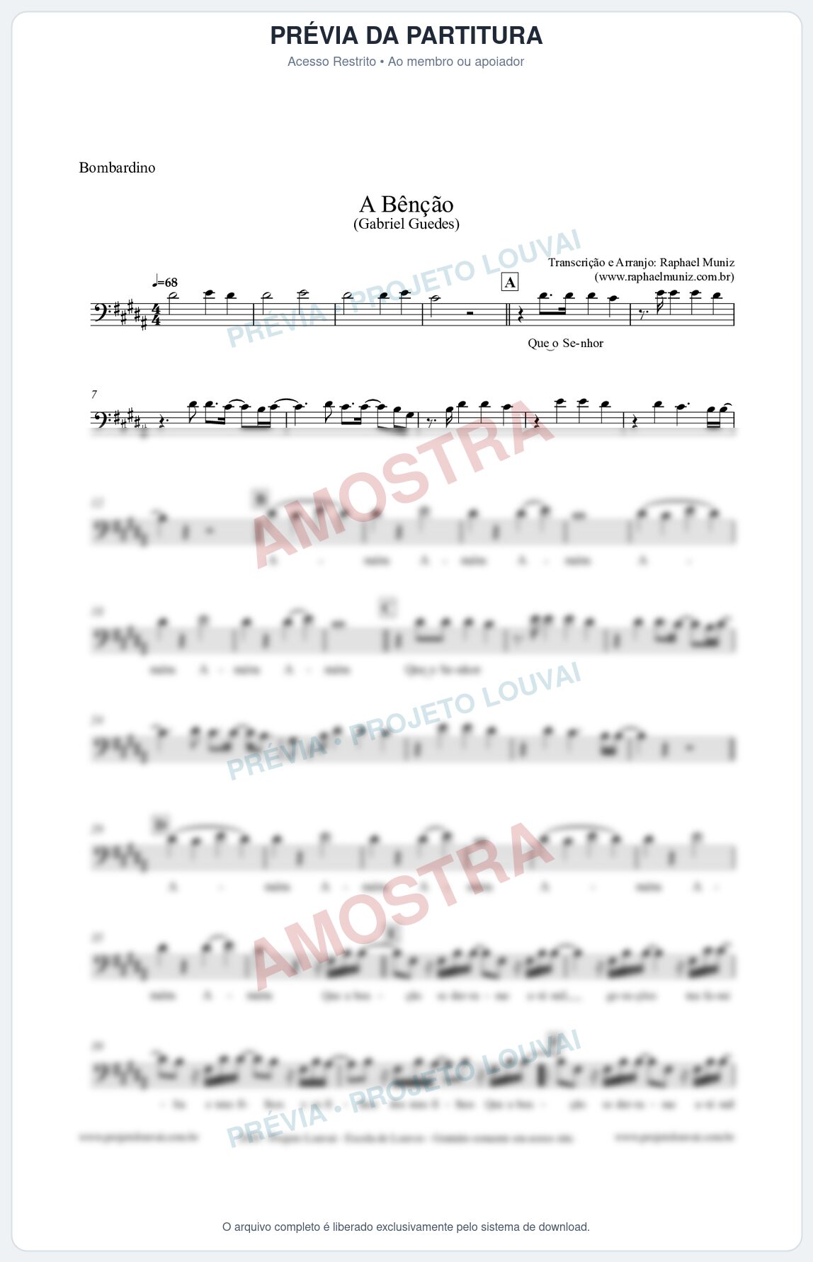 Prévia protegida da primeira página da partitura Partitura para Bombardino - A Bênção (Tom A) - Gabriel Guedes