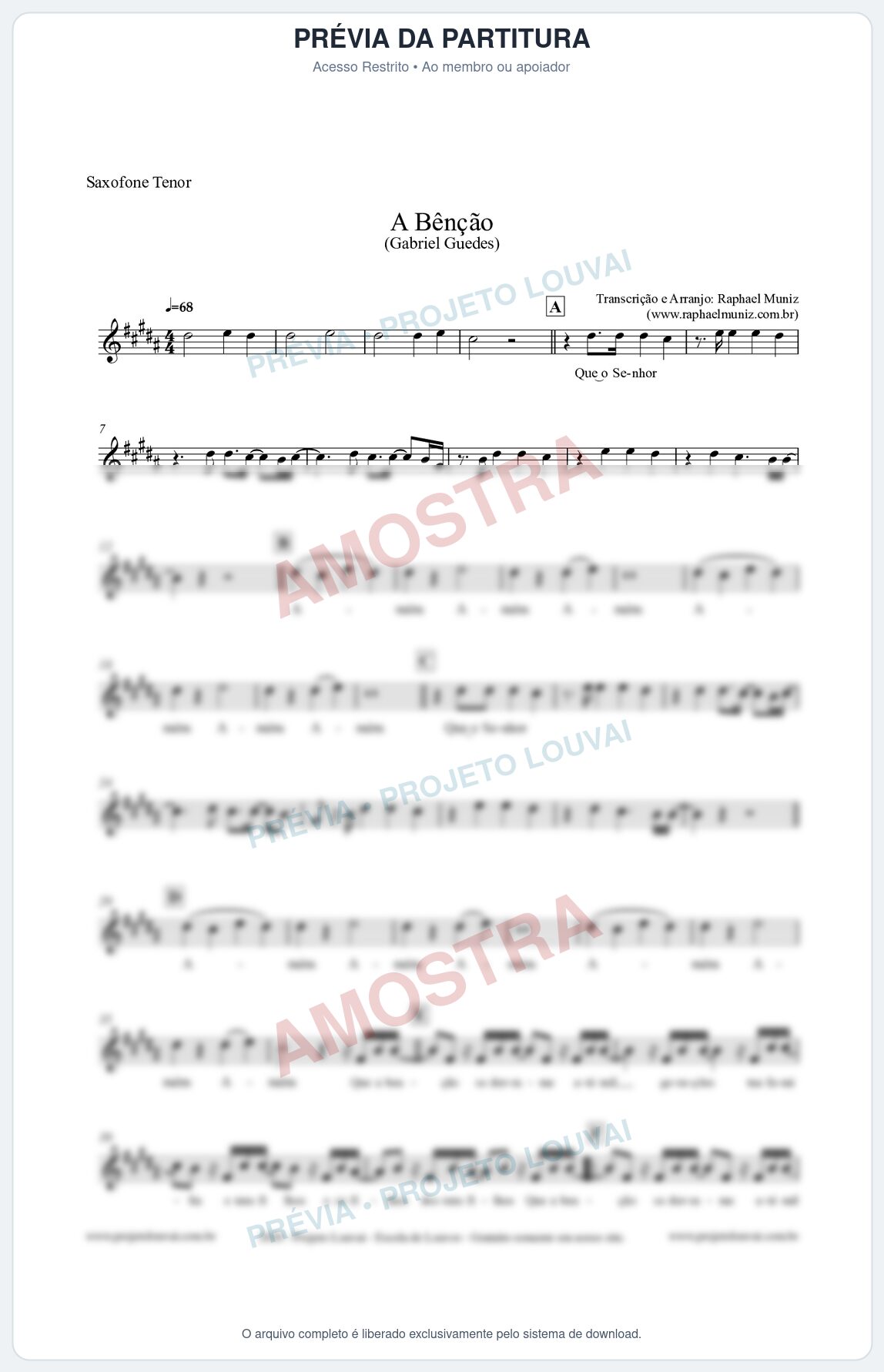 Prévia protegida da primeira página da partitura Partitura para Saxofone Tenor - A Bênção (Tom A) - Gabriel Guedes