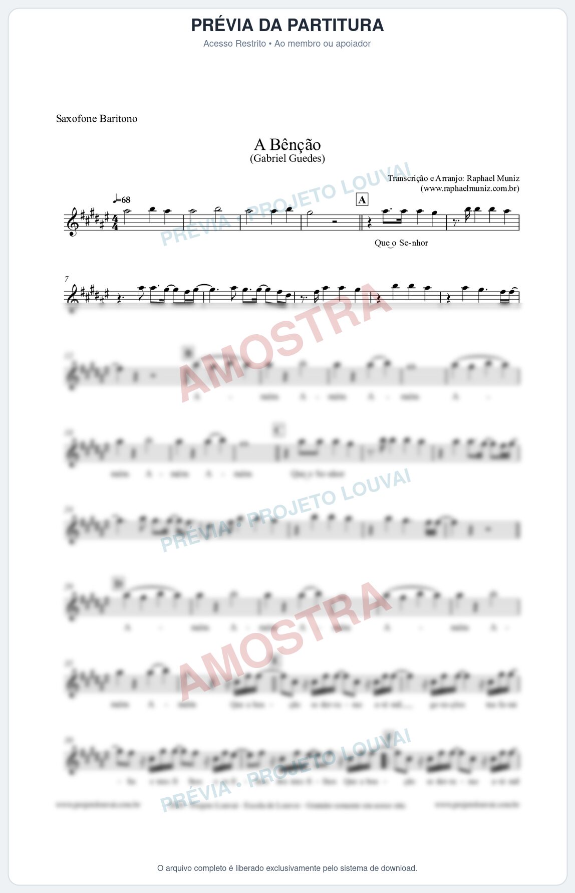 Prévia protegida da primeira página da partitura Partitura para Saxofone Barítono - A Bênção (Tom A) - Gabriel Guedes