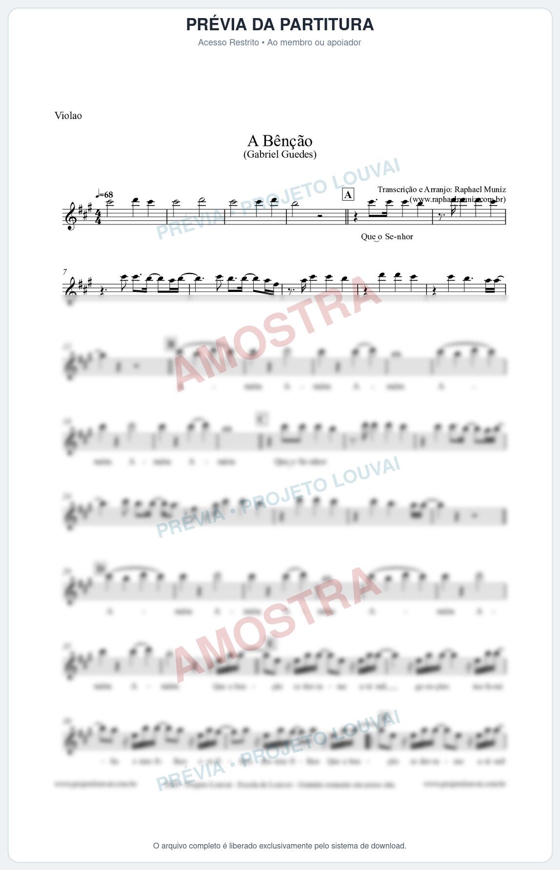 Prévia protegida da primeira página da partitura Partitura para Violão - A Bênção (Tom A) - Gabriel Guedes