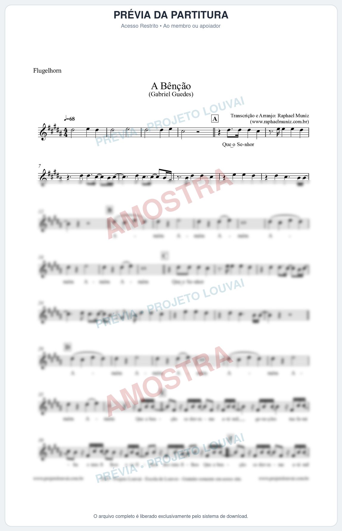 Prévia protegida da primeira página da partitura Partitura para Flugelhorn - A Bênção (Tom A) - Gabriel Guedes