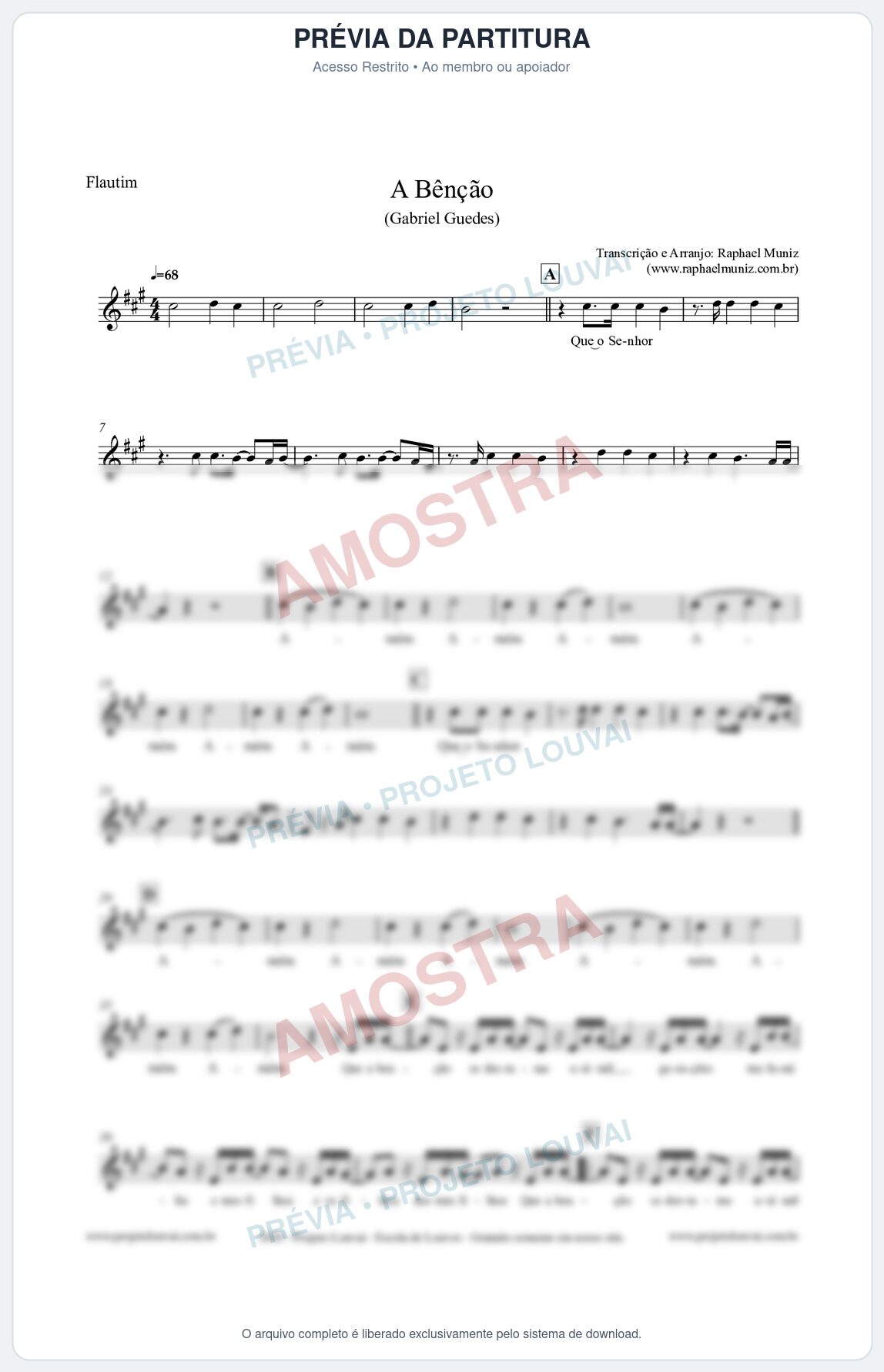Prévia protegida da primeira página da partitura Partitura para Flautim - A Bênção (Tom A) - Gabriel Guedes