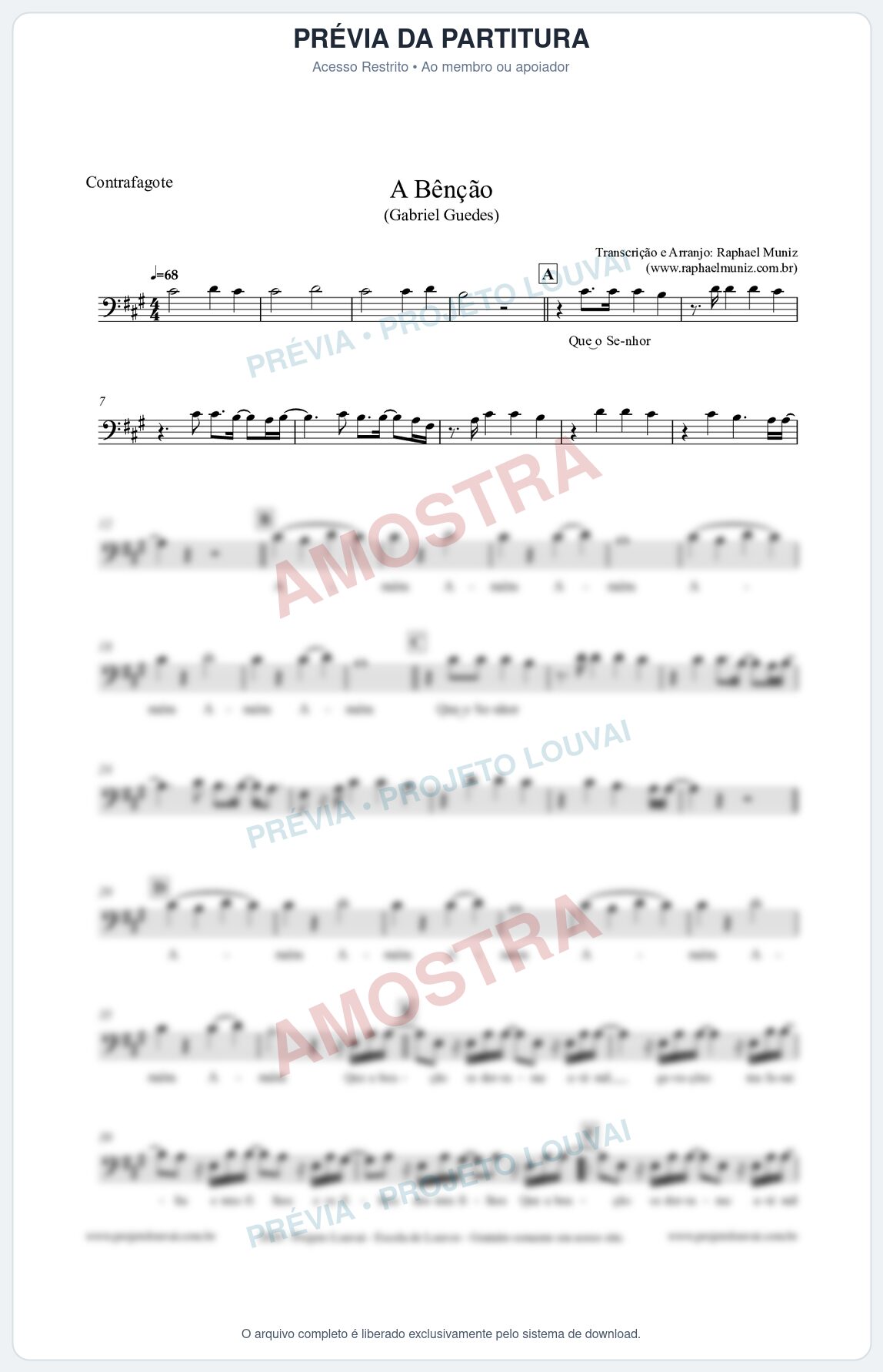 Prévia protegida da primeira página da partitura Partitura para Contrafagote - A Bênção (Tom A) - Gabriel Guedes
